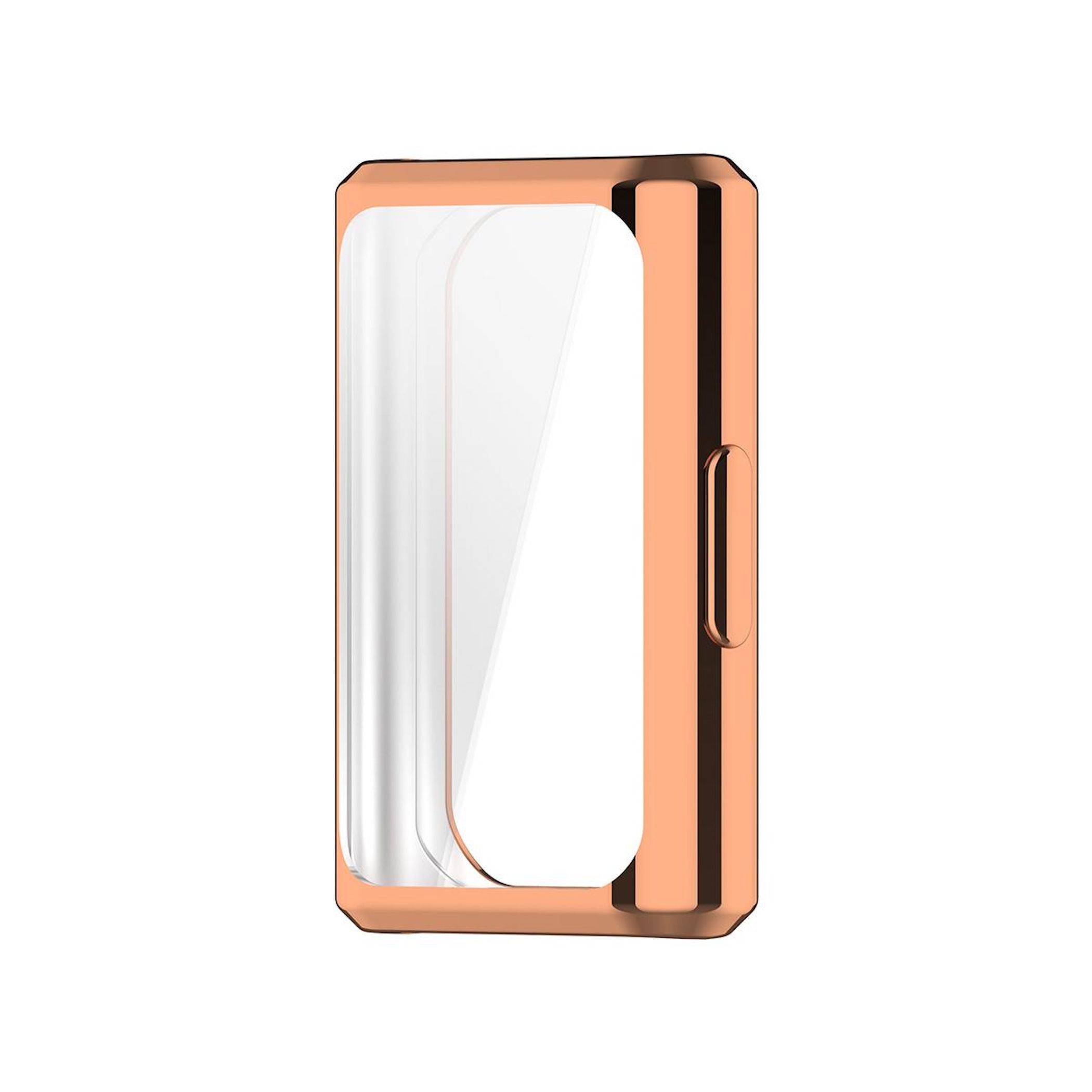 Ein rosé-goldenes rechteckiges Smart-Device-Gehäuse oder Clip-Zubehör mit weißem Frontpanel, gezeigt auf einfachem weißem Hintergrund.