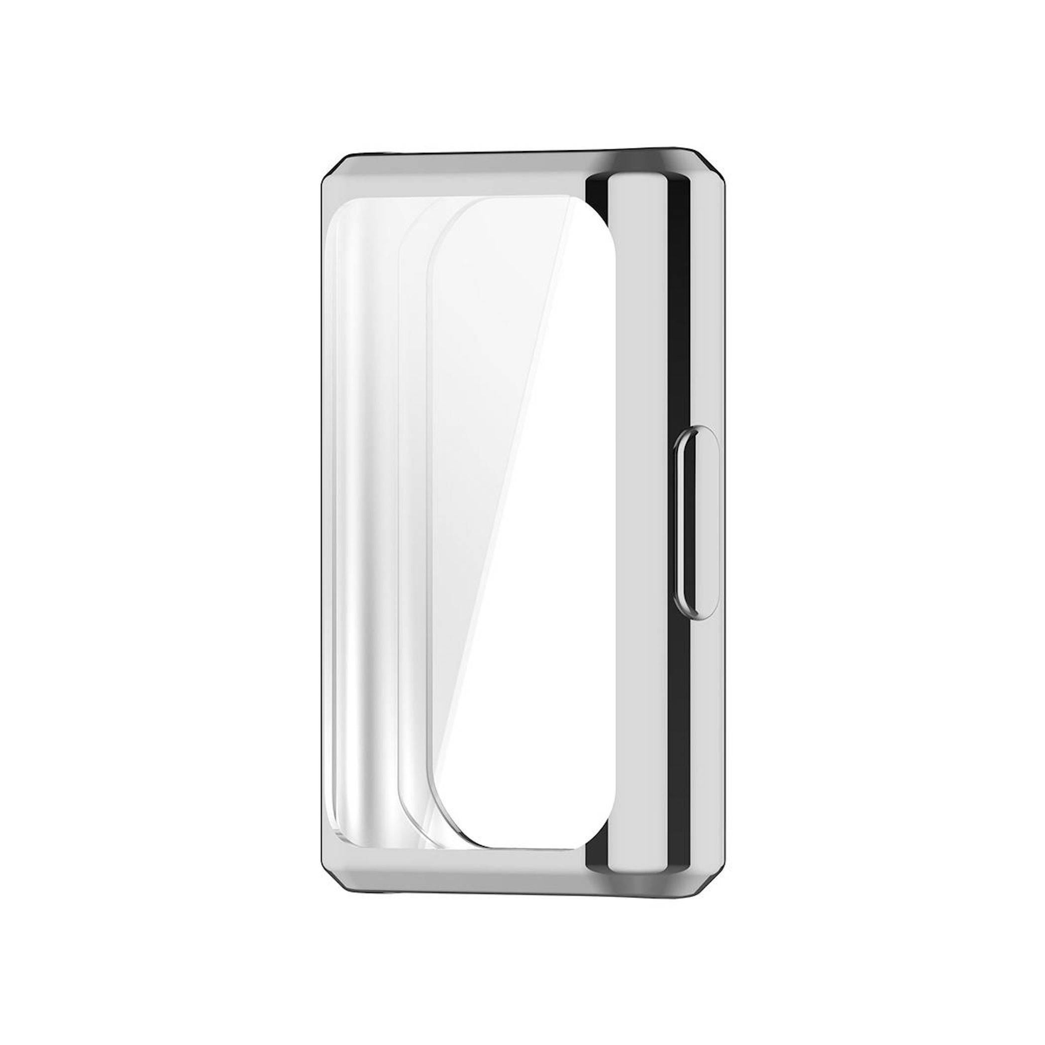 Eine transparente Glastür mit verchromtem Metallrahmen und vertikalem Griff, in Frontansicht auf weißem Hintergrund dargestellt.