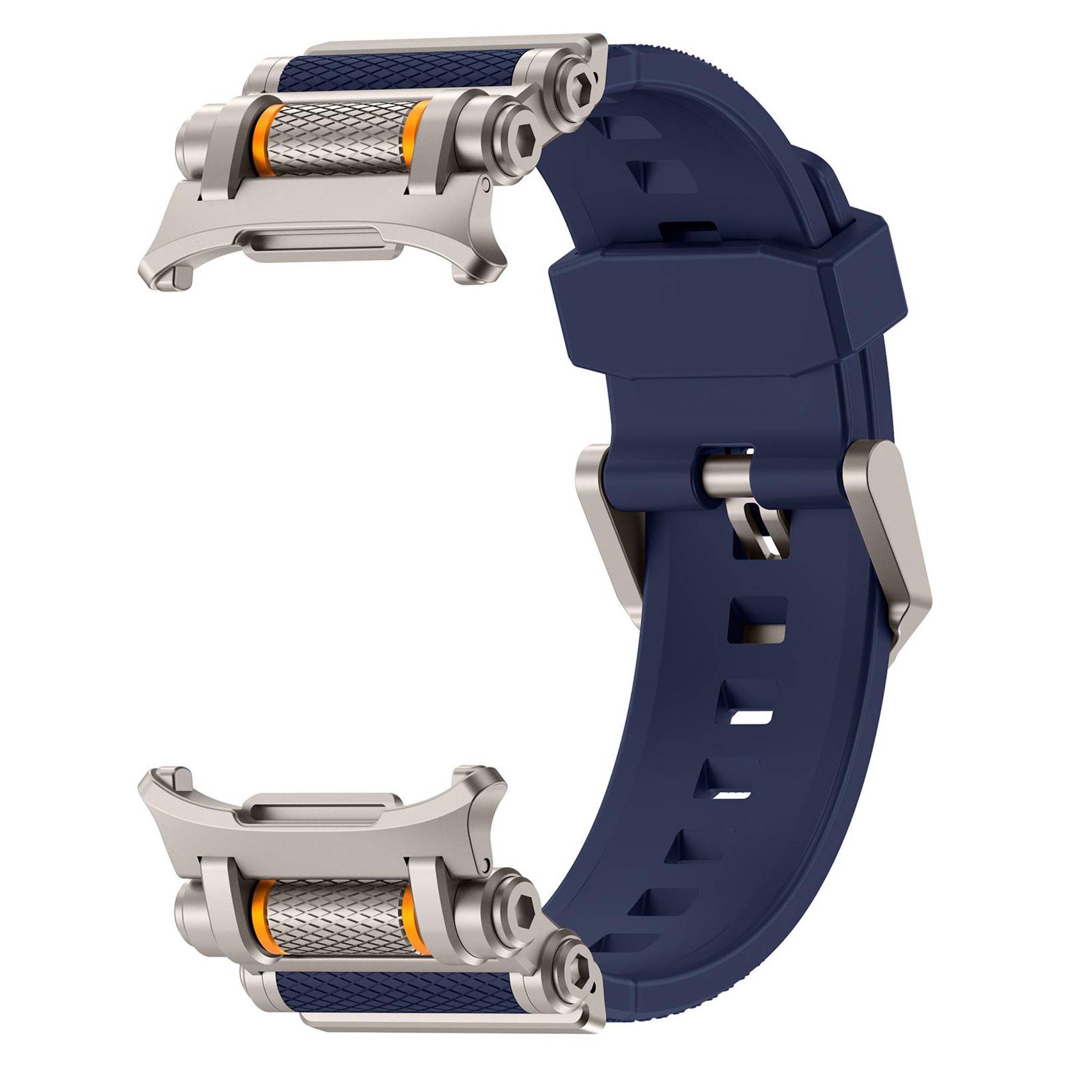 Blauer Uhrenarmband mit zwei silbernen Metallverschlusskomponenten, offen dargestellt, isoliert auf weißem Hintergrund.