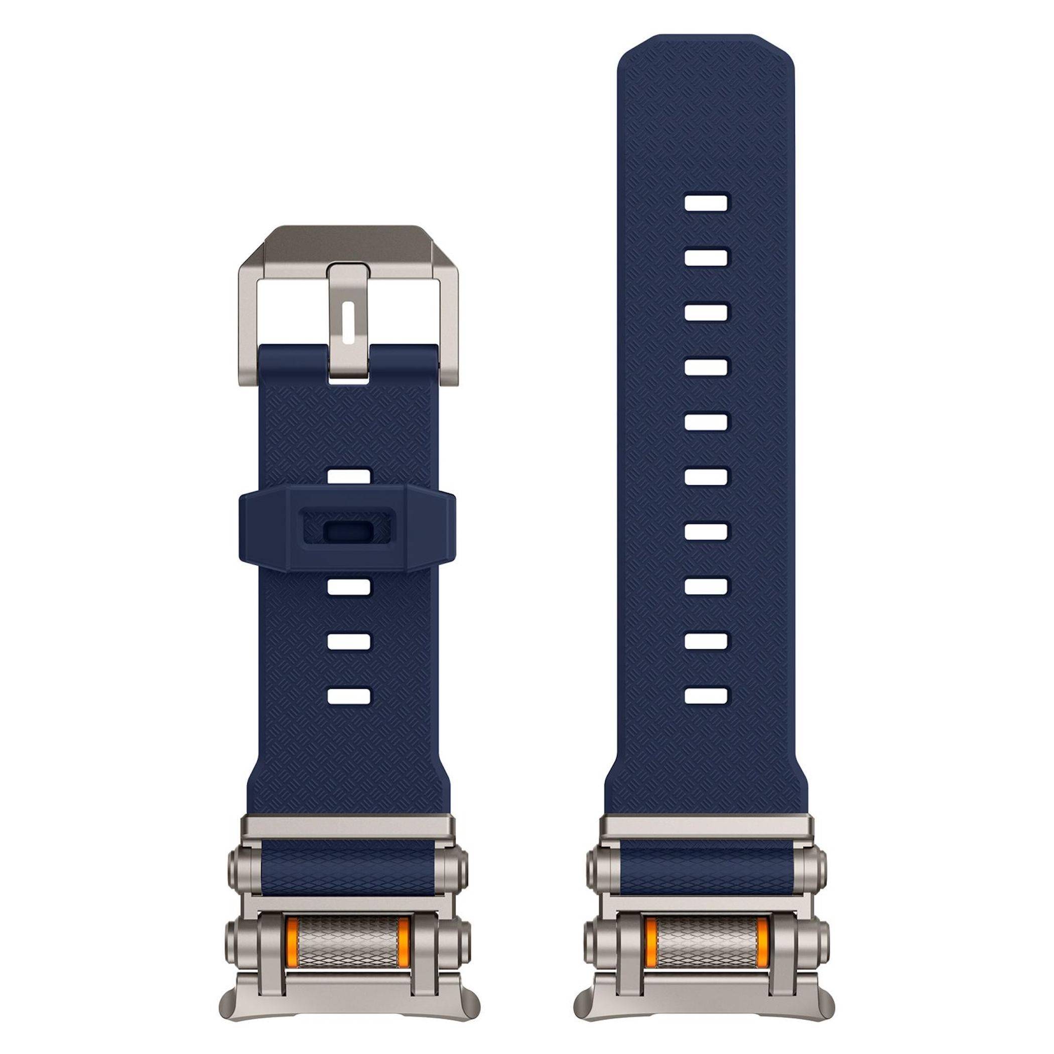 Zwei Ansichten eines dunkelblau en Uhrenarmband mit Metallschnalle und Verschluss, die die Vorderseite und Rückseite des Armband zeigen.