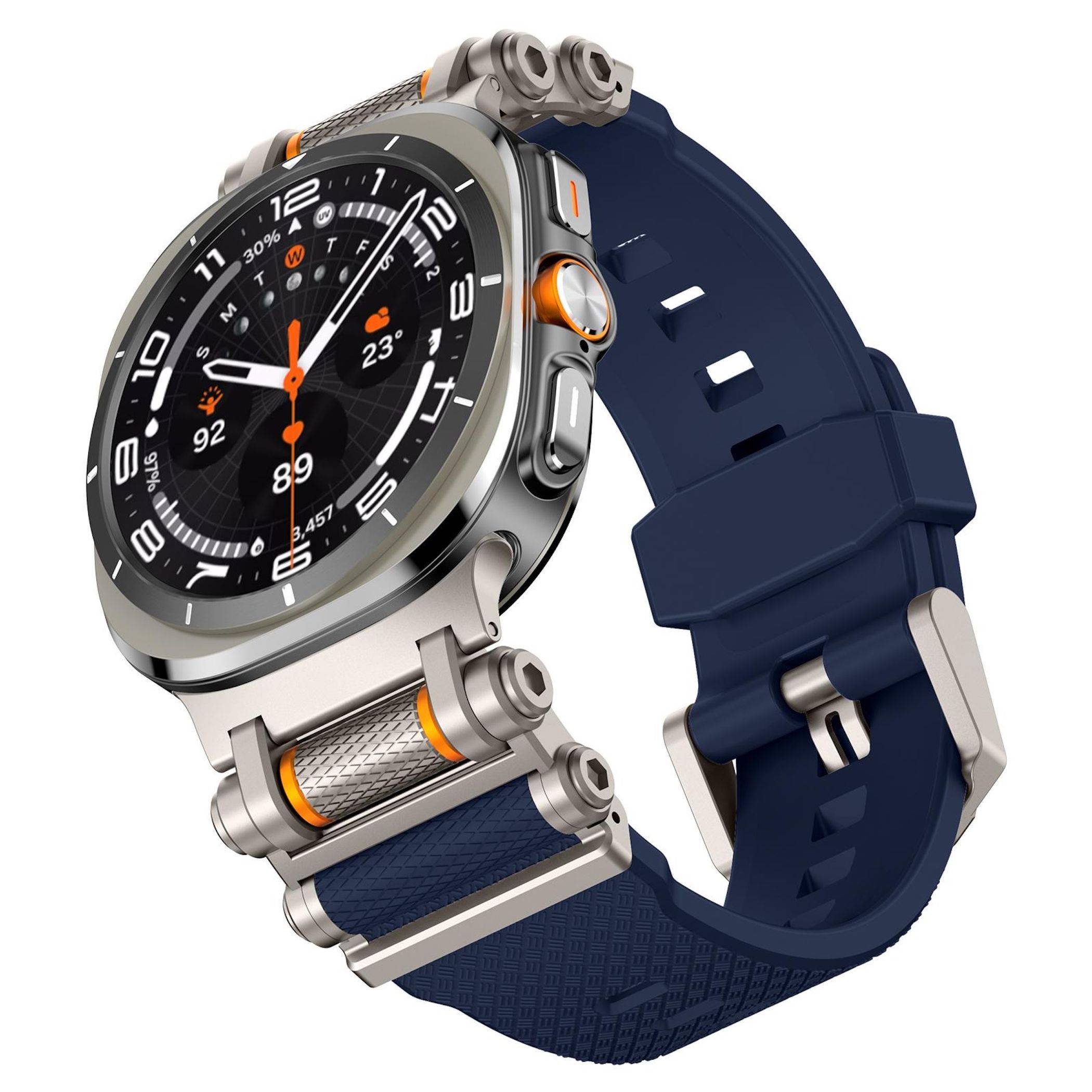 Silberne und schwarze Smartwatch mit dunkelblauem Armband, orangefarbenen Akzenten und einem digitalen Analog-Zifferblatt mit Gesundheits- und Wetterdaten.