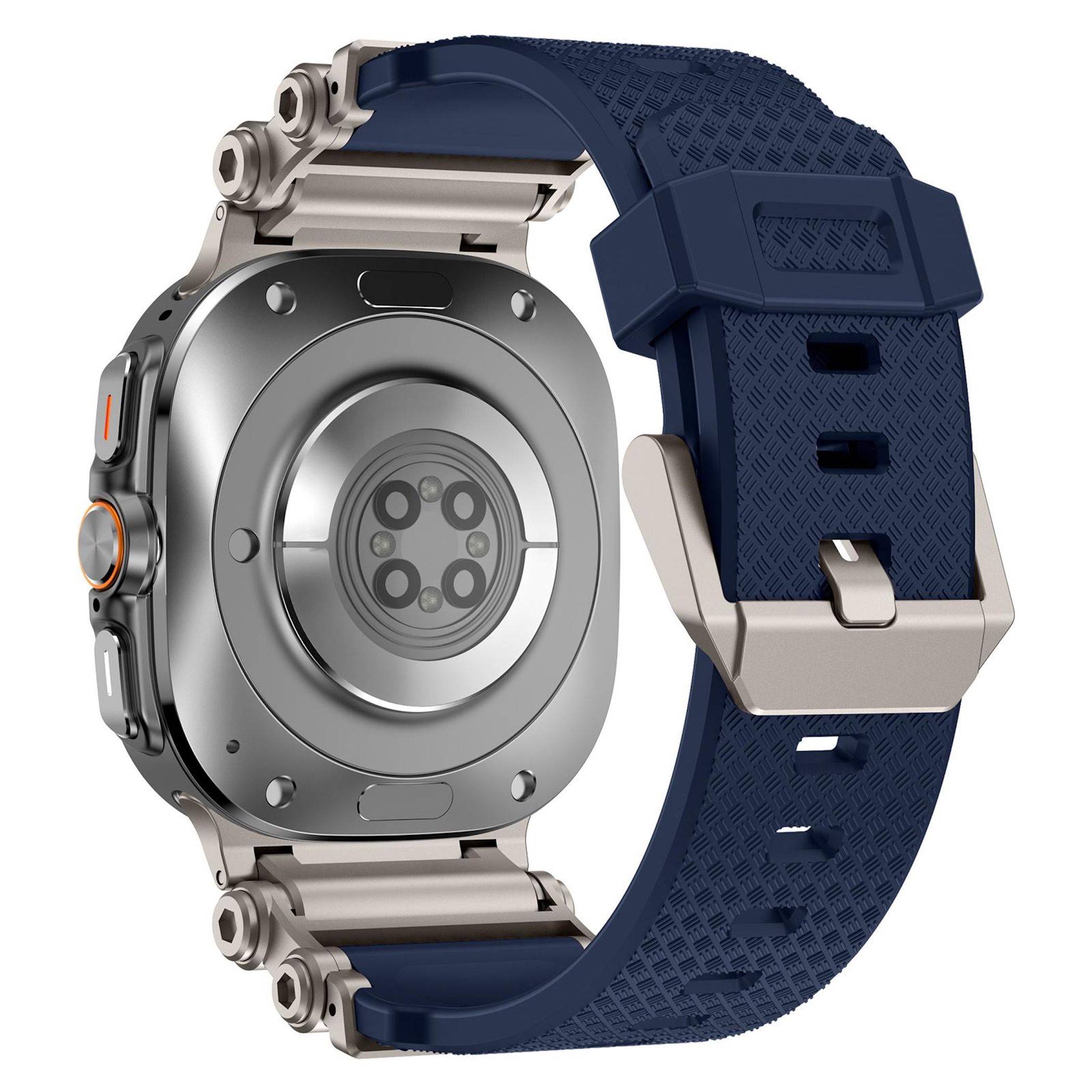 Rückansicht einer silbernen Smartwatch mit blauem strukturiertem Armband, das den runden Sensor, das Metallgehäuse und die Schnallenverschluss zeigt.