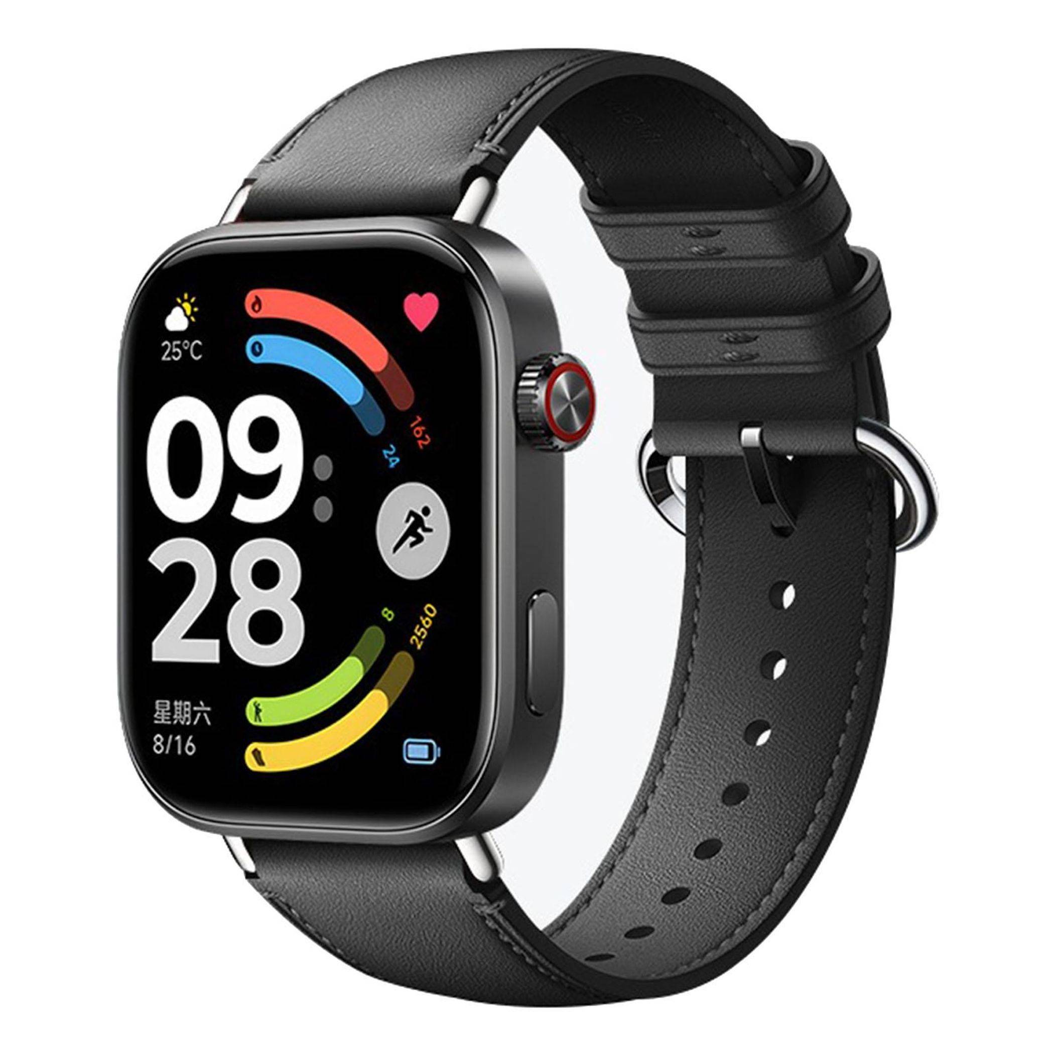 Schwarze Smartwatch mit rechteckigem Display und Lederarmband zeigt 9:28, Wetter, Herzfrequenz und Aktivitätsringe an.