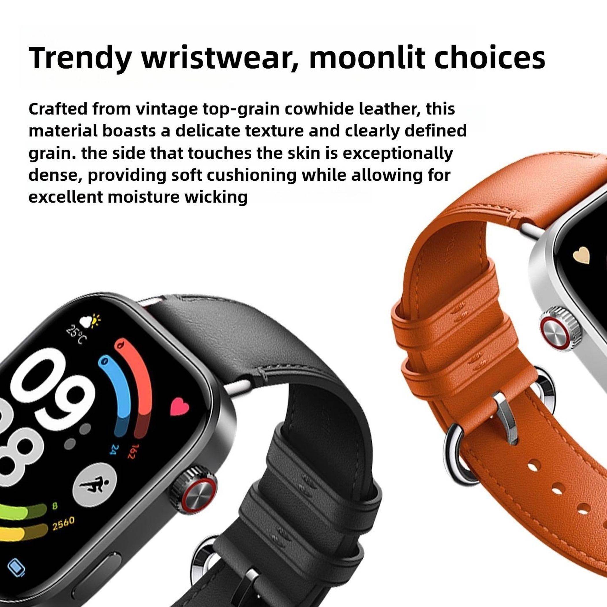 Werbebildung von Smartwatch-Armbändern aus schwarzem und braunem Leder, mit Text, der Vintage-Rindsleder, weiches Polstermaterial und Feuchtigkeitsableitung bewirbt.