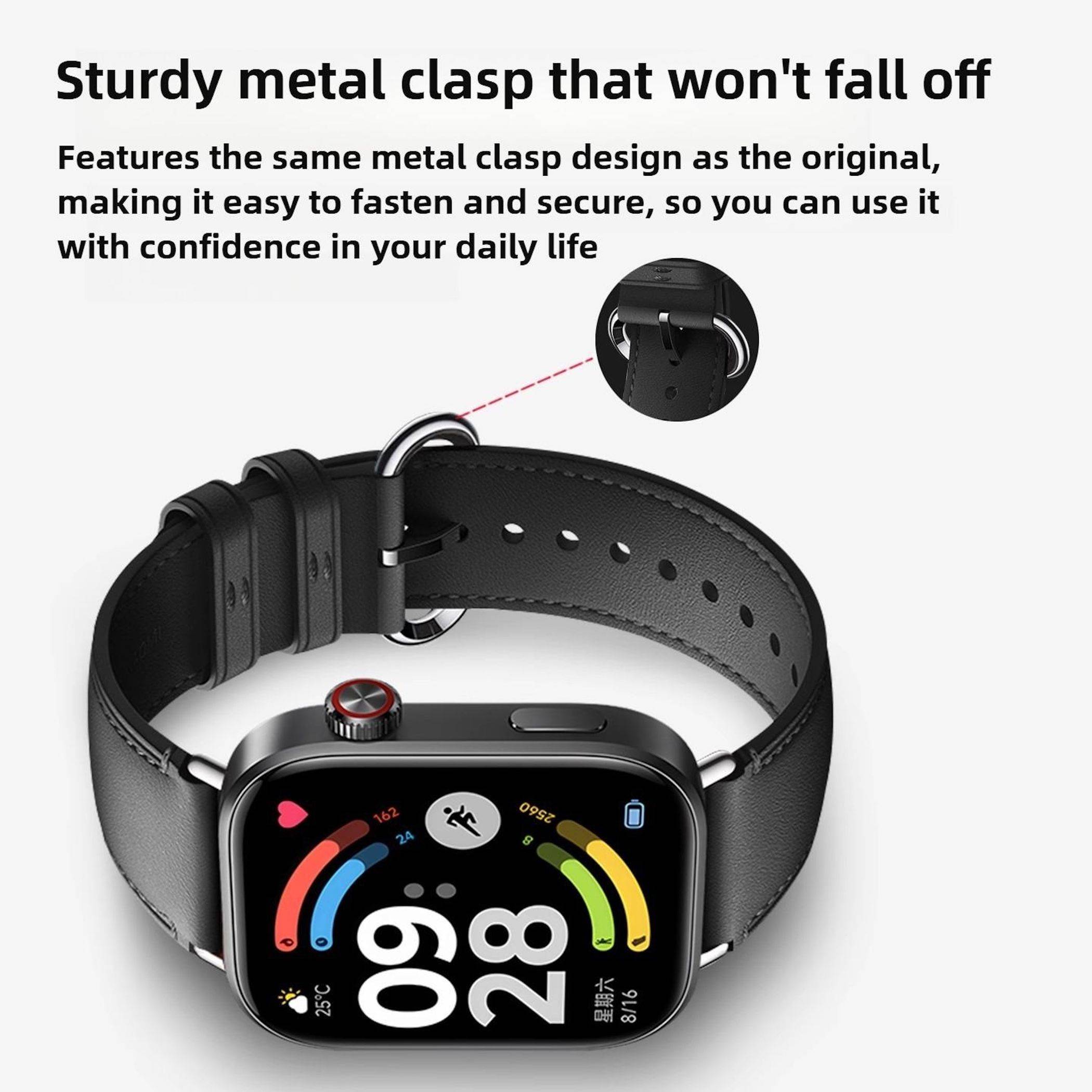Smartwatch mit schwarzem Lederarmband und robustem Metallverschluss; die Beschreibung besagt, dass es nicht verrutscht und einfach sicher zu befestigen ist.