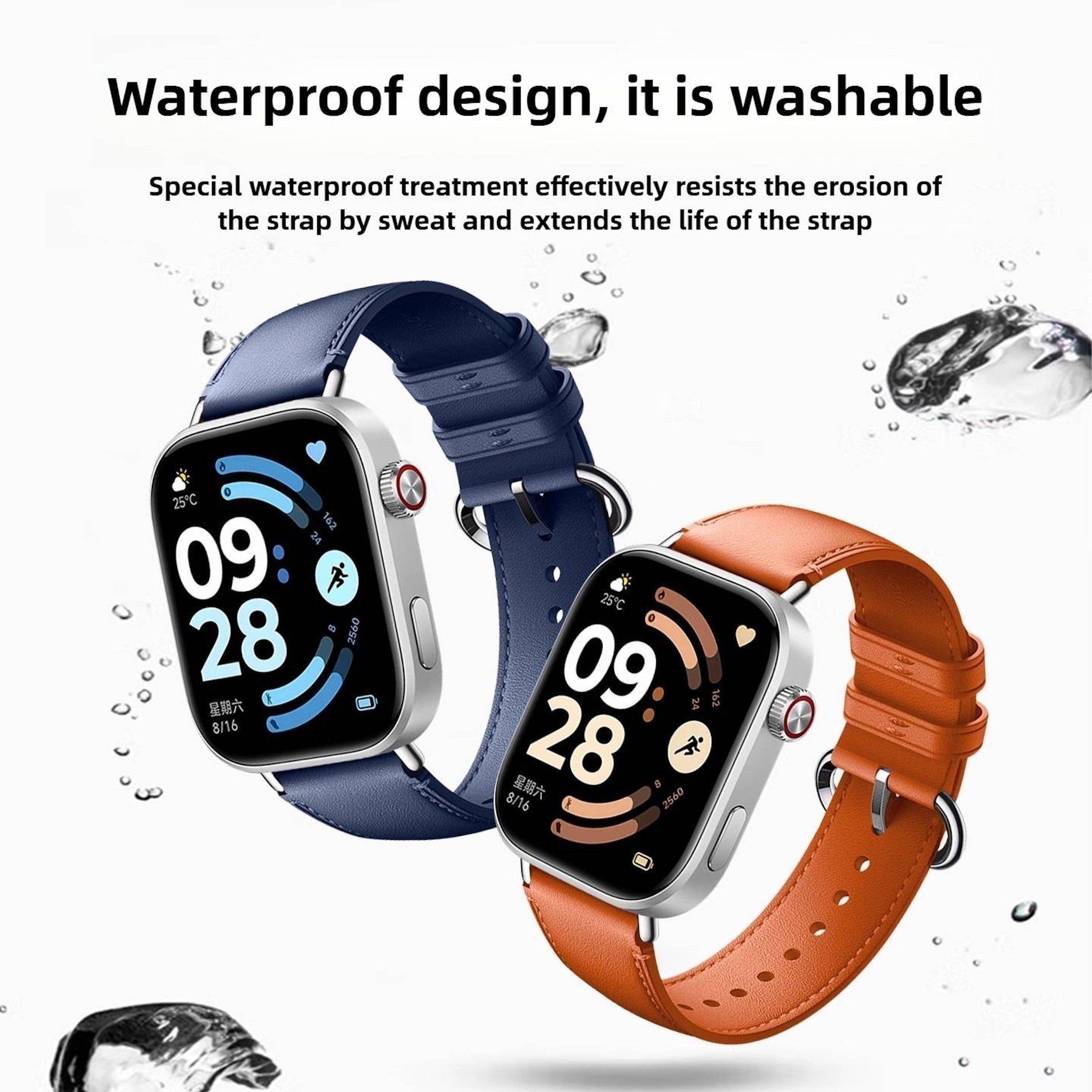 Zwei Smartwatches mit blauen und orangefarbenen wasserdichten Armbändern, dargestellt mit Wasserspritzern; der Text sagt „Wasserdichtes Design, es ist waschbar" und erwähnt Schweißbeständigkeit.