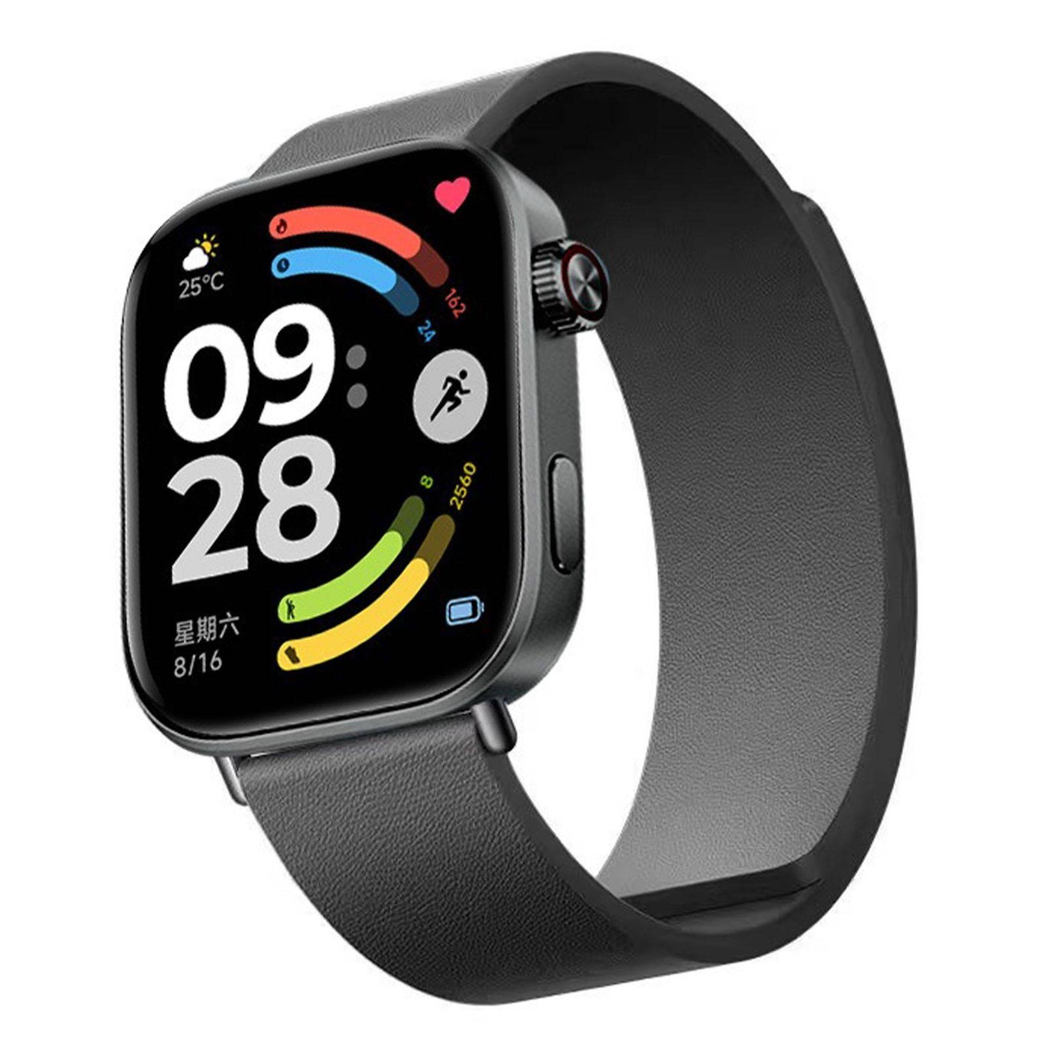 Schwarze quadratische Smartwatch mit schwarzem Armband, zeigt 09:28 Uhr an, Wetter 25°C, Aktivitätsringe und chinesischen Datumstext auf dem Bildschirm.