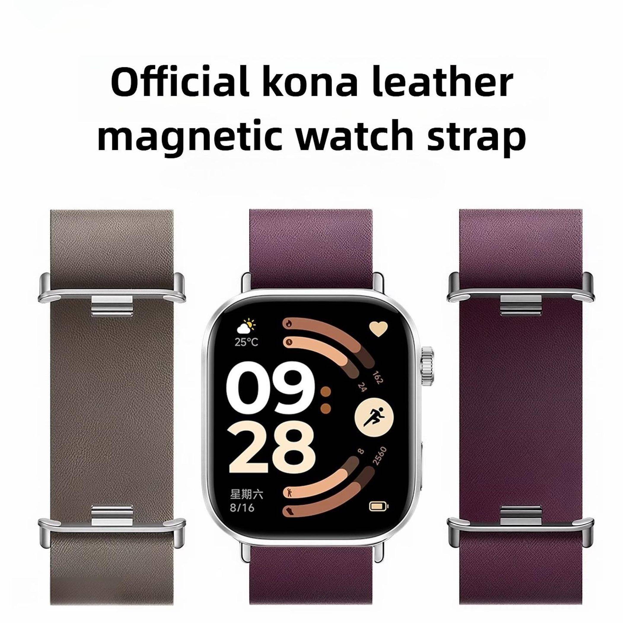 Werbebild eines "offiziellen Kona-Leder-Magnetarmband für Uhren"" mit drei Lederarmbändern und einer Smartwatch, auf der das Armband angebracht ist.