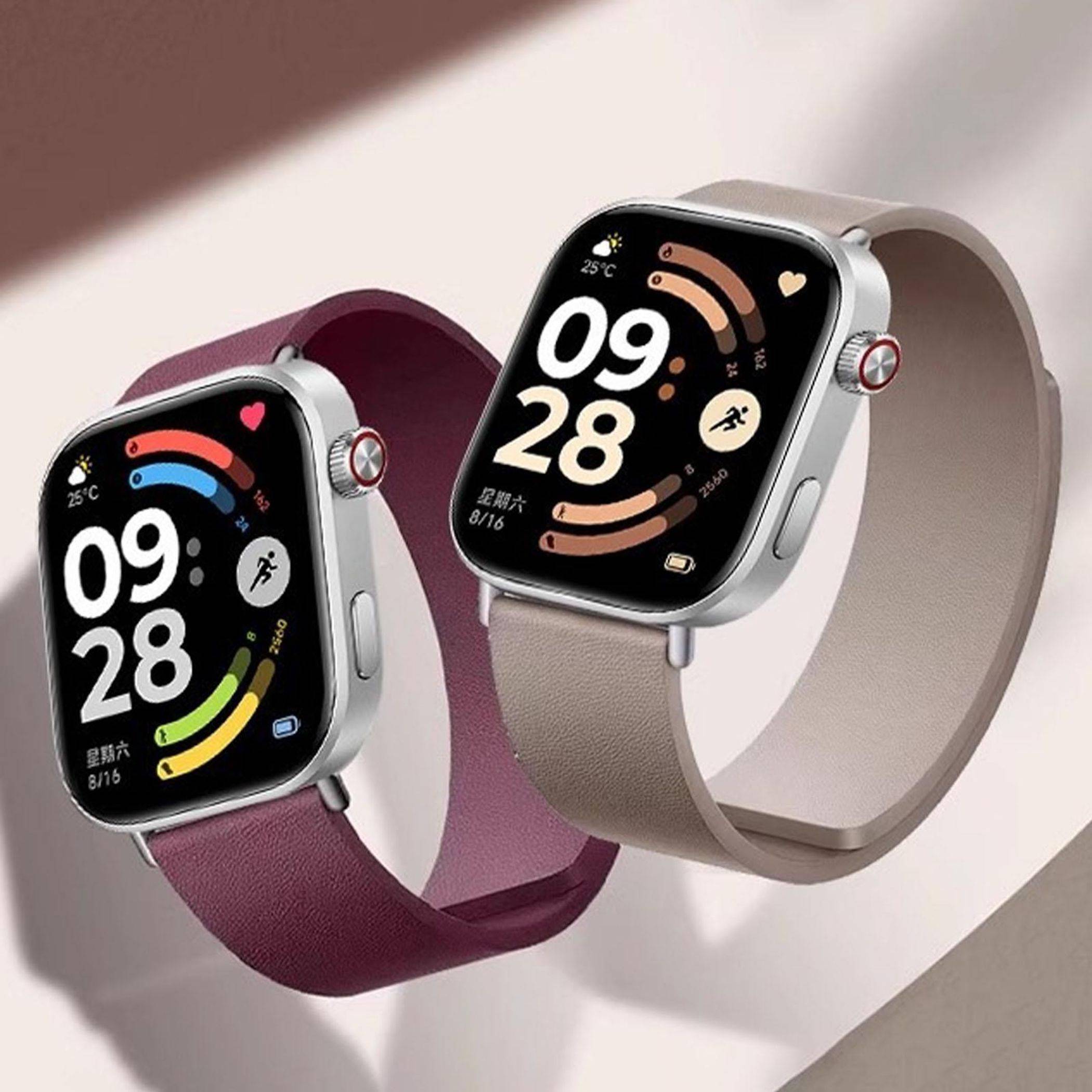 Zwei silberfarbene Smartwatches mit quadratischen Bildschirmen und farbigen Aktivitätsringen, eine mit einem burgunderroten Armband und eine mit einem beigen Armband, zeigen 09:28 an.