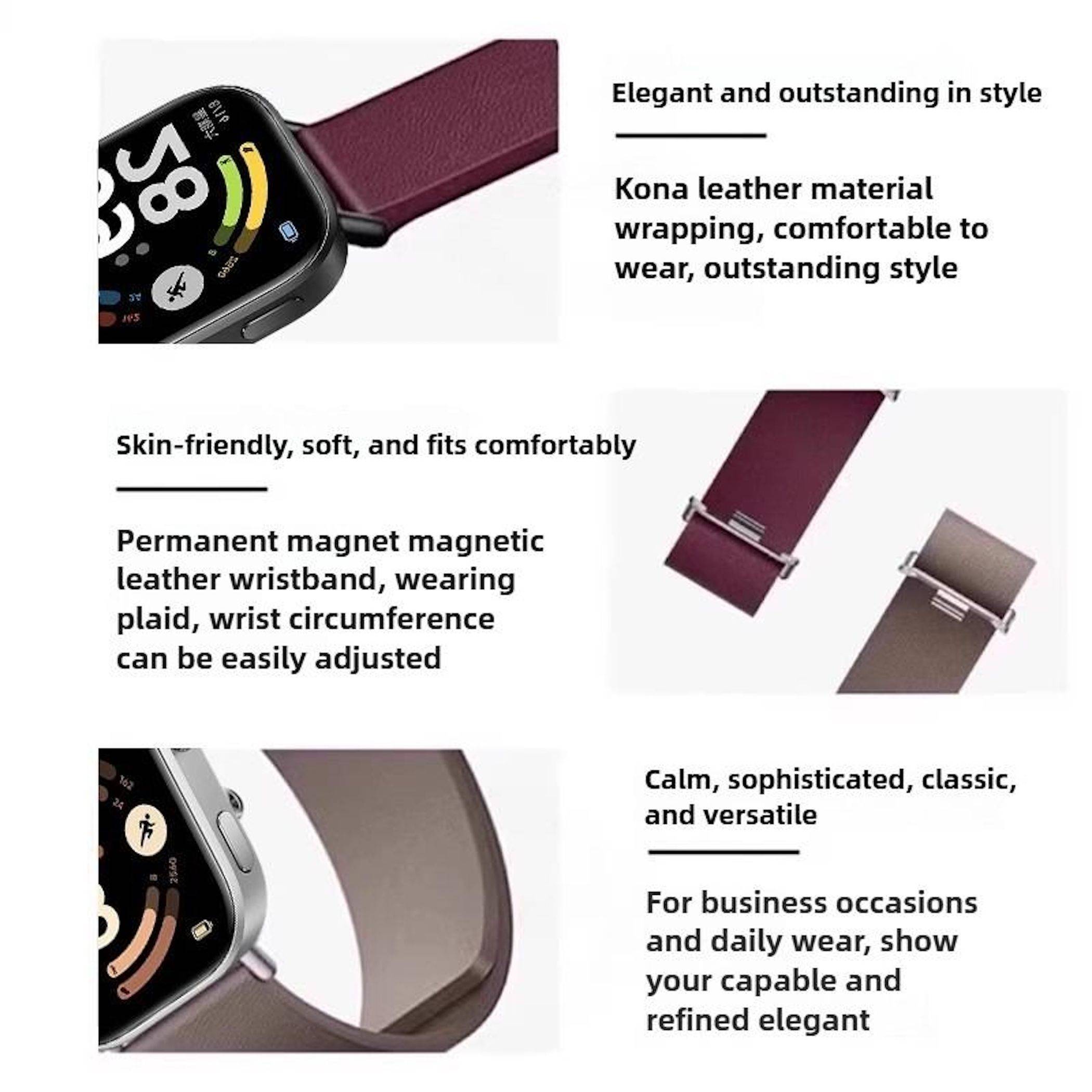 Werbekollage eines Leder-Smartwatch-Armbands in Burgunderrot und Grau, das komfortablen, verstellbaren, eleganten Stil mit magnetischer Schließe hervorhebt.