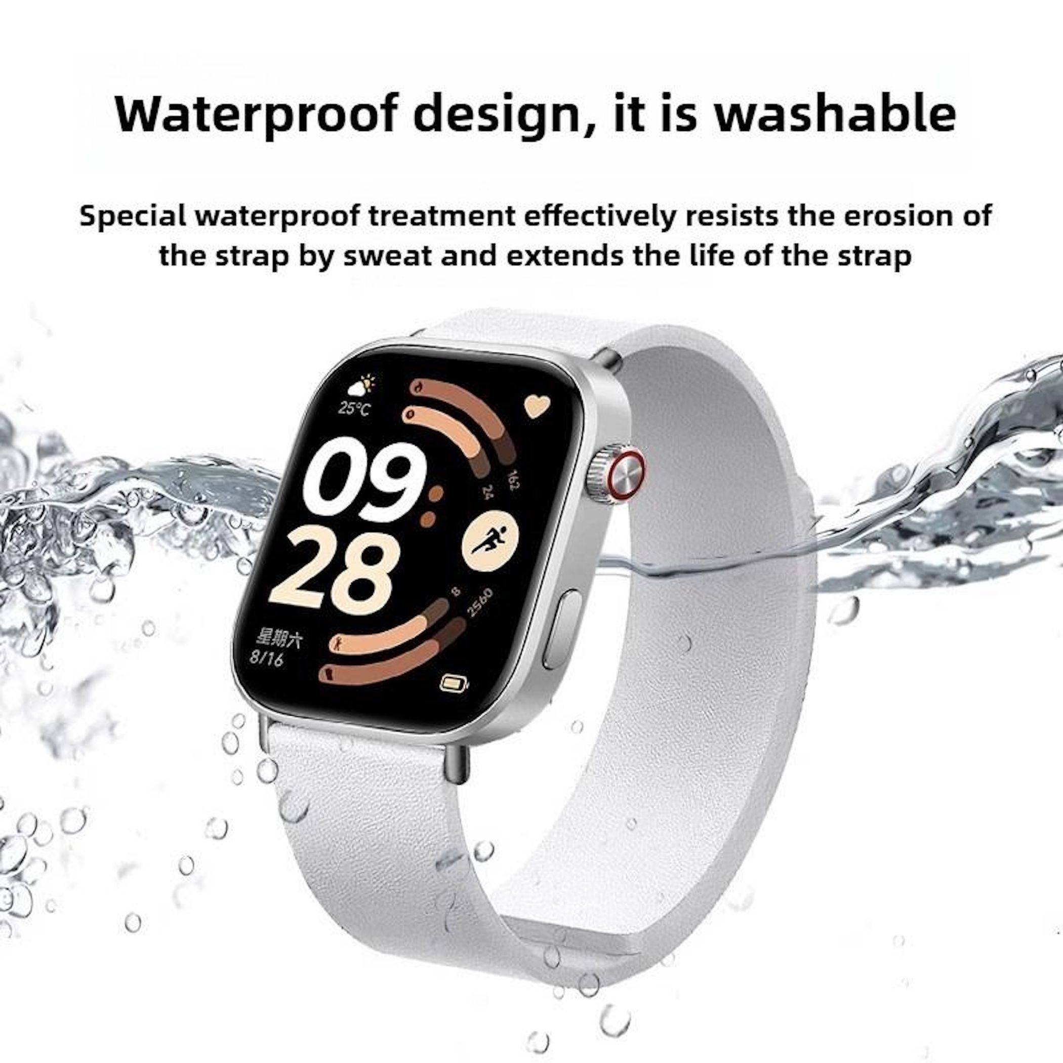 Smartwatch mit weißem Armband, das von Wasser bespritzt wird, bewirbt wasserdichtes, waschbares Design und schweißresistente Armband-Haltbarkeit.