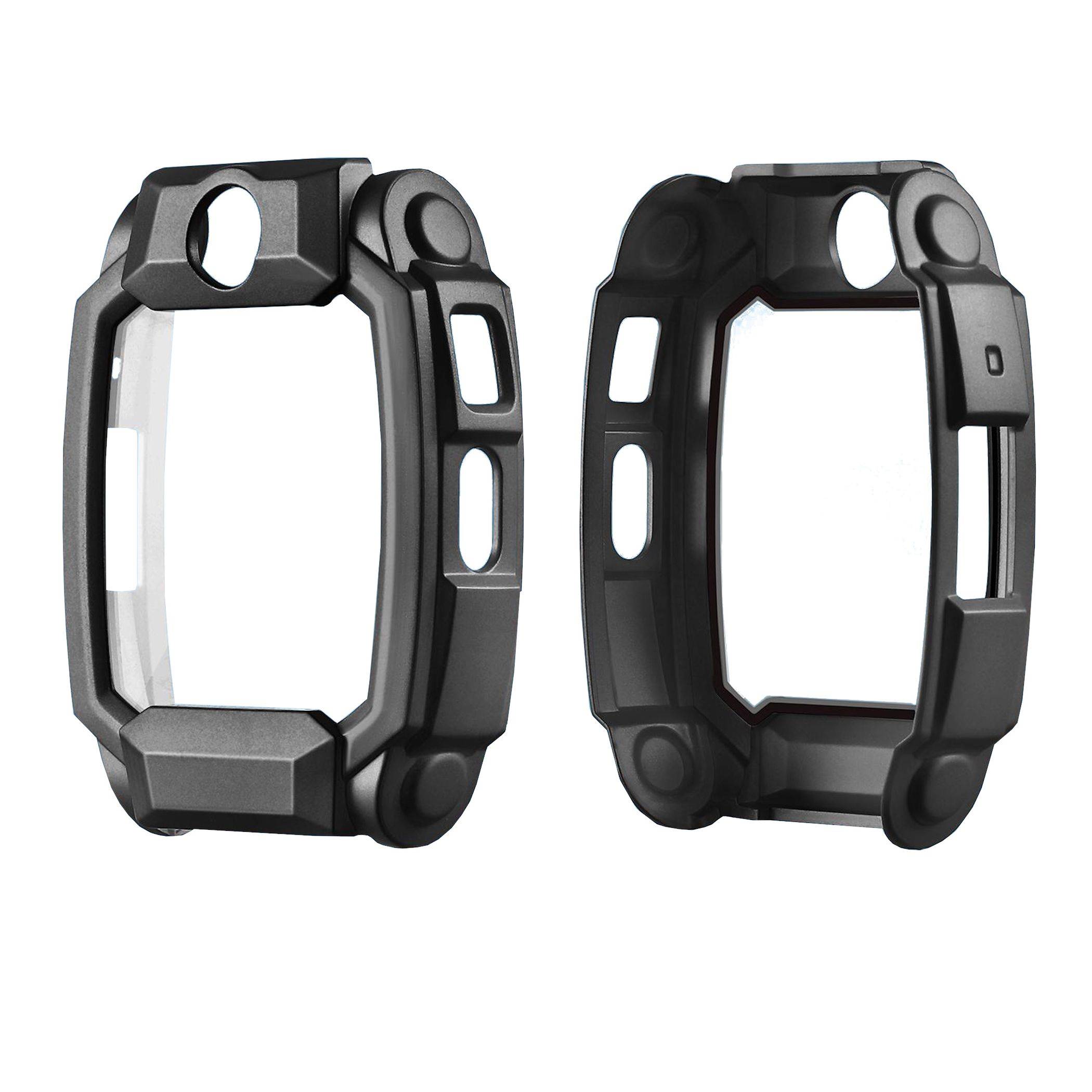 Zwei schwarze Schutzhüllen, von vorne und von hinten gezeigt, mit Aussparungen für Tasten und Display, vermutlich für eine Smartwatch oder ein ähnliches Gerät.