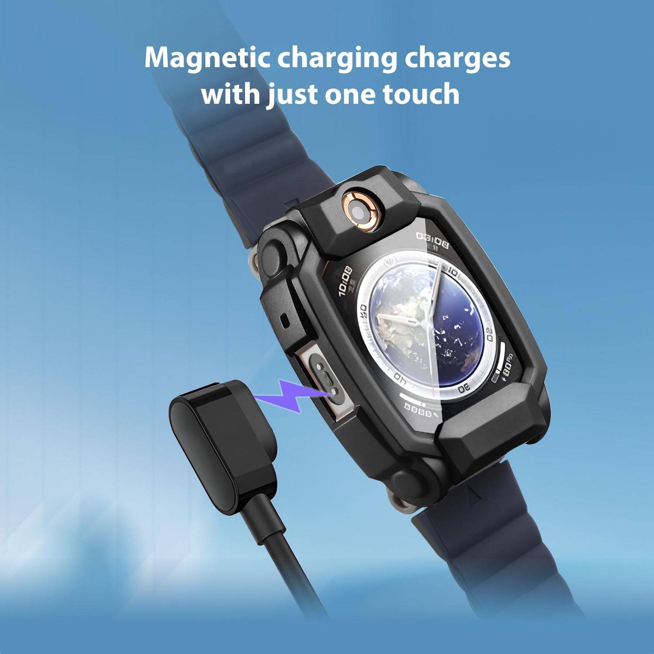 Werbebild einer robusten Smartwatch mit einem Magnetladegerät, das an ihrer Seite einrastet, mit der Beschriftung „Magnetisches Laden lädt mit nur einer Berührung".