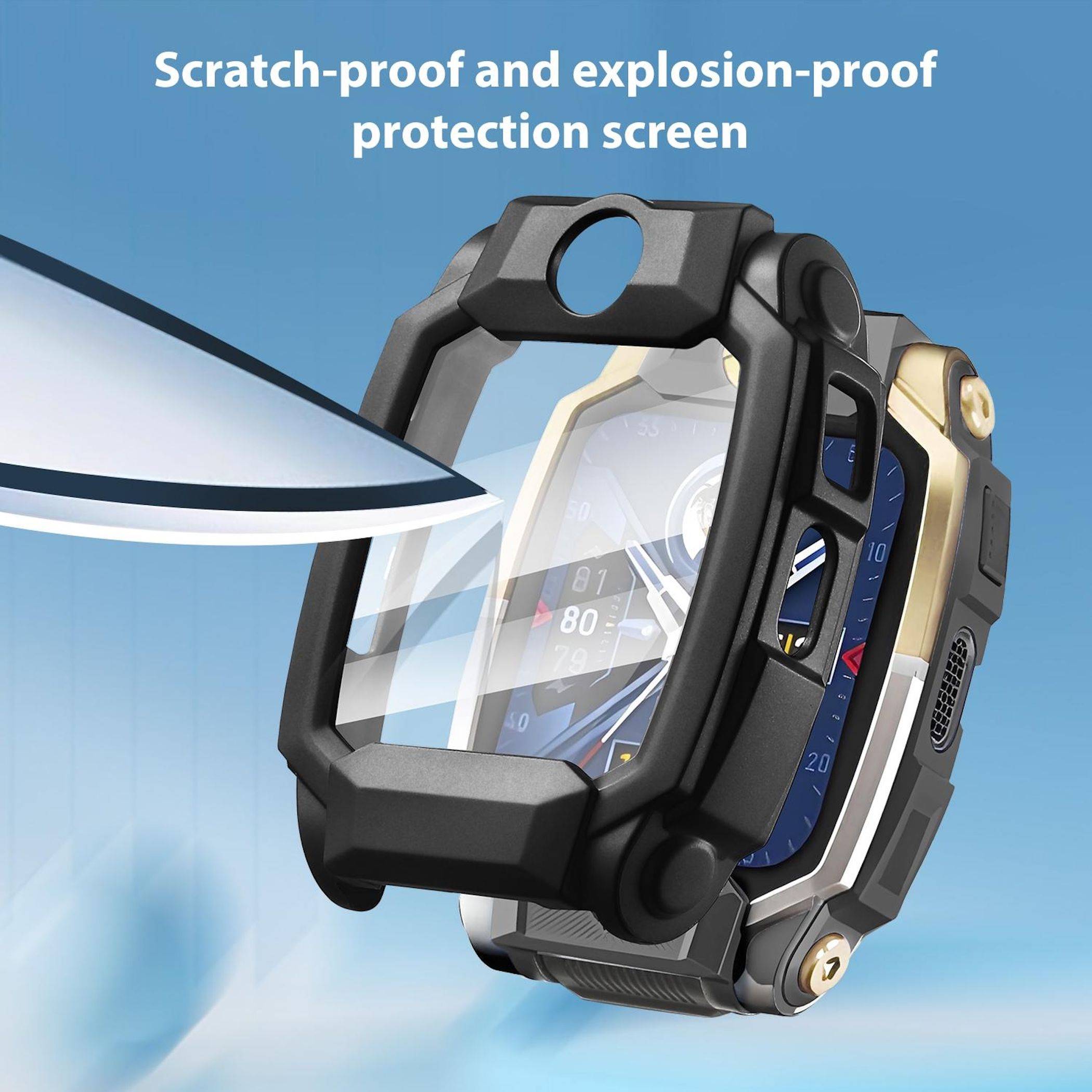Schutzgehäuse für eine Smartwatch mit Text „Kratzfest und explosionssicherer Schutzbildschirm" und eine Klingenillustration, die Stoßfestigkeit zeigt.