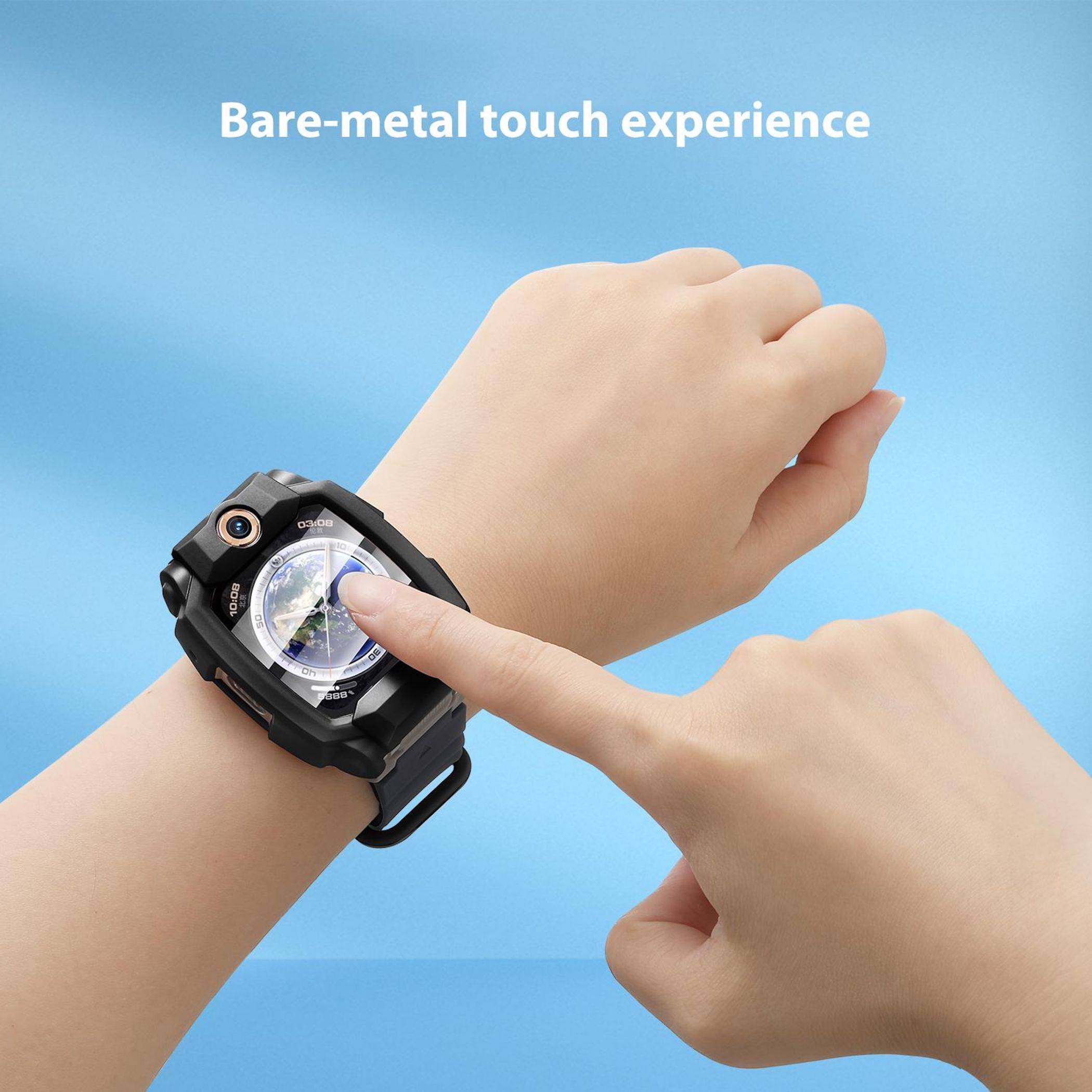 Benutzeroberfläche einer robusten Smartwatch, während ein Finger den Bildschirm berührt, mit dem Text "Bare-metal Touch-Erlebnis"" oben.
