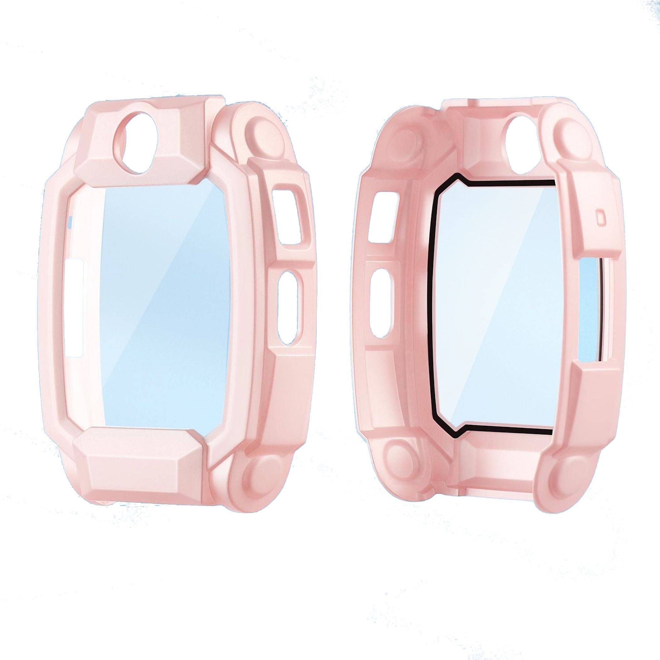 Rosa schützende Smartwatch-Hüllen von vorne und hinten gezeigt, mit blauen Displayschutzfolien und Aussparungen für Tasten und Sensoren.