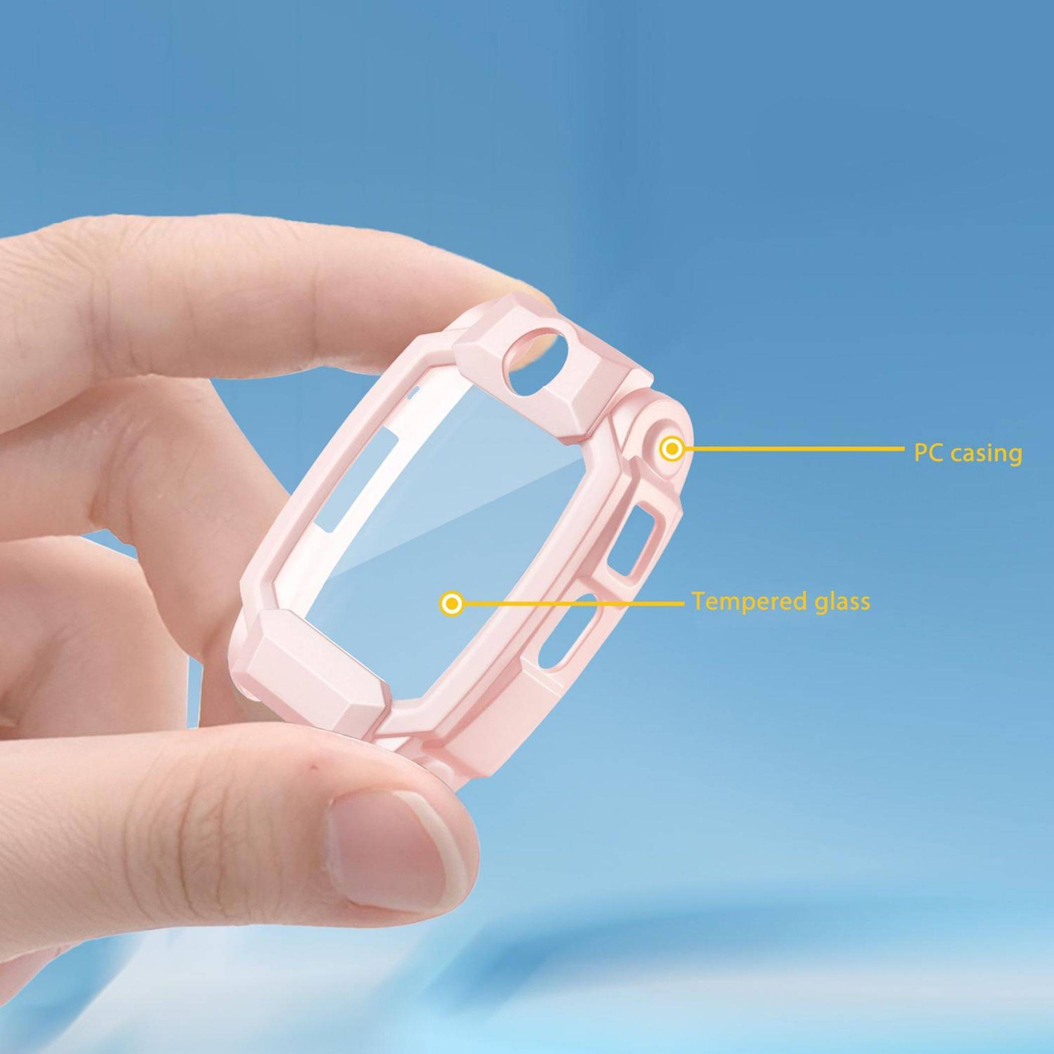 Hand hält ein rosa schützendes Uhrengehäuse mit gehärtetem Schutzglas; Beschriftungen zeigen auf „PC-Gehäuse" und „Gehärtetes Glas"".
