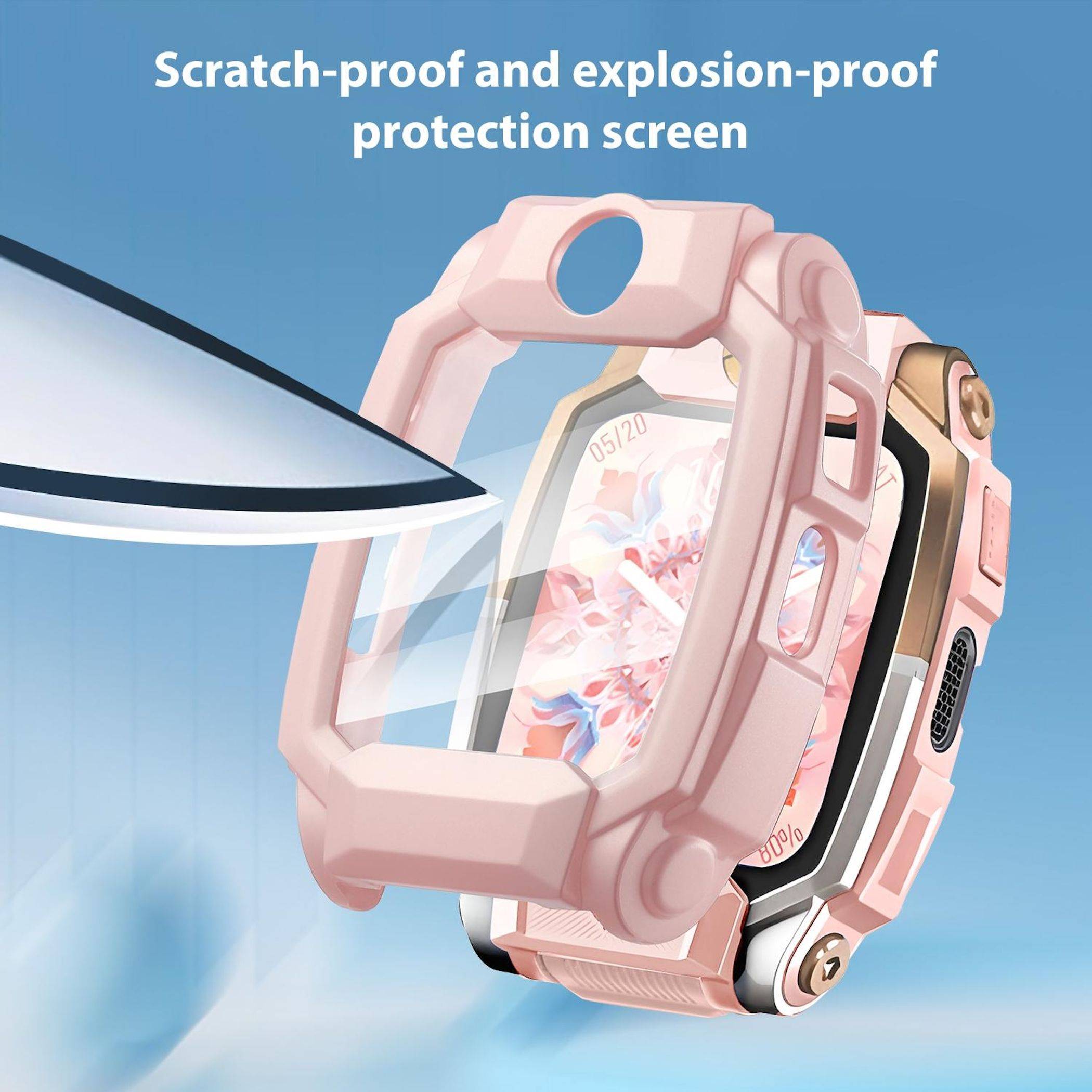 Rosa schützende Smartwatch-Hülle mit gekrümmtem Displayschutz, der von einer Klinge zerkratzt wird, mit der Kennzeichnung „Kratzfest und explosionssicherer Displayschutz".
