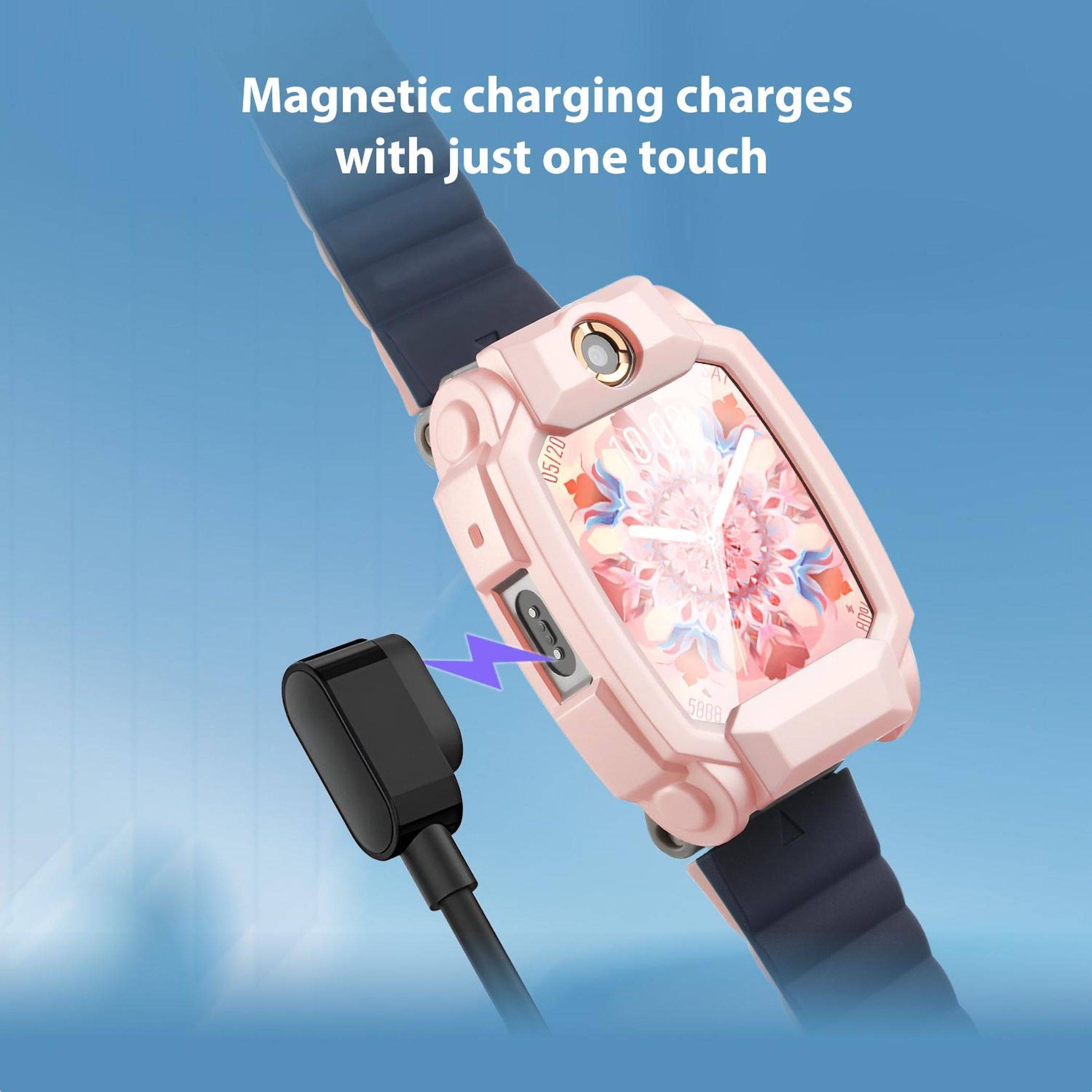 Rosa Smartwatch im Quadratformat wird mit einem schwarzen Kabel magnetisch aufgeladen; der Text besagt „Magnetisches Laden lädt mit nur einer Berührung auf".