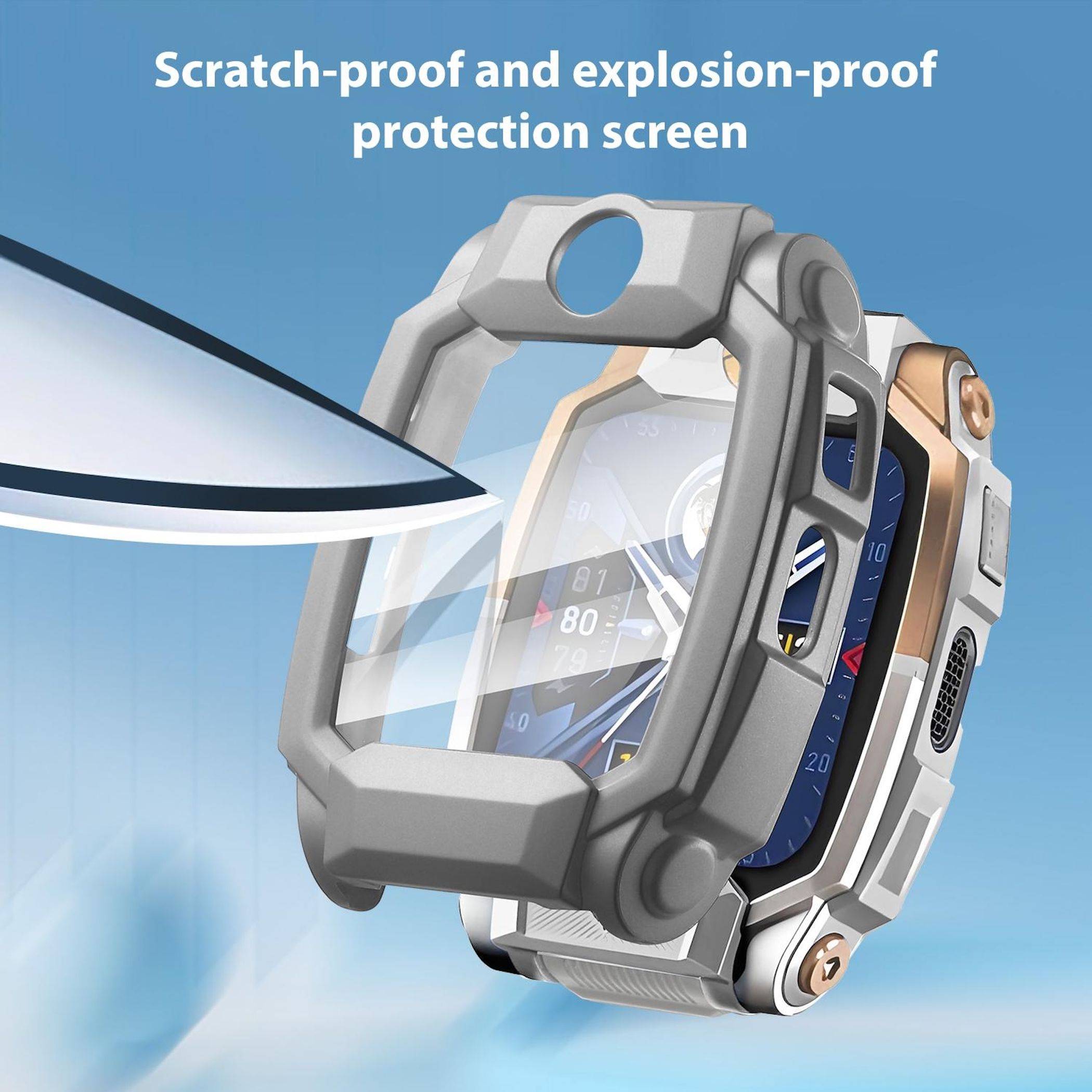 Schutzgehäuse für eine Smartwatch mit dem Text „Kratzfest und explosionsschutzgeprüfter Displayschutz".