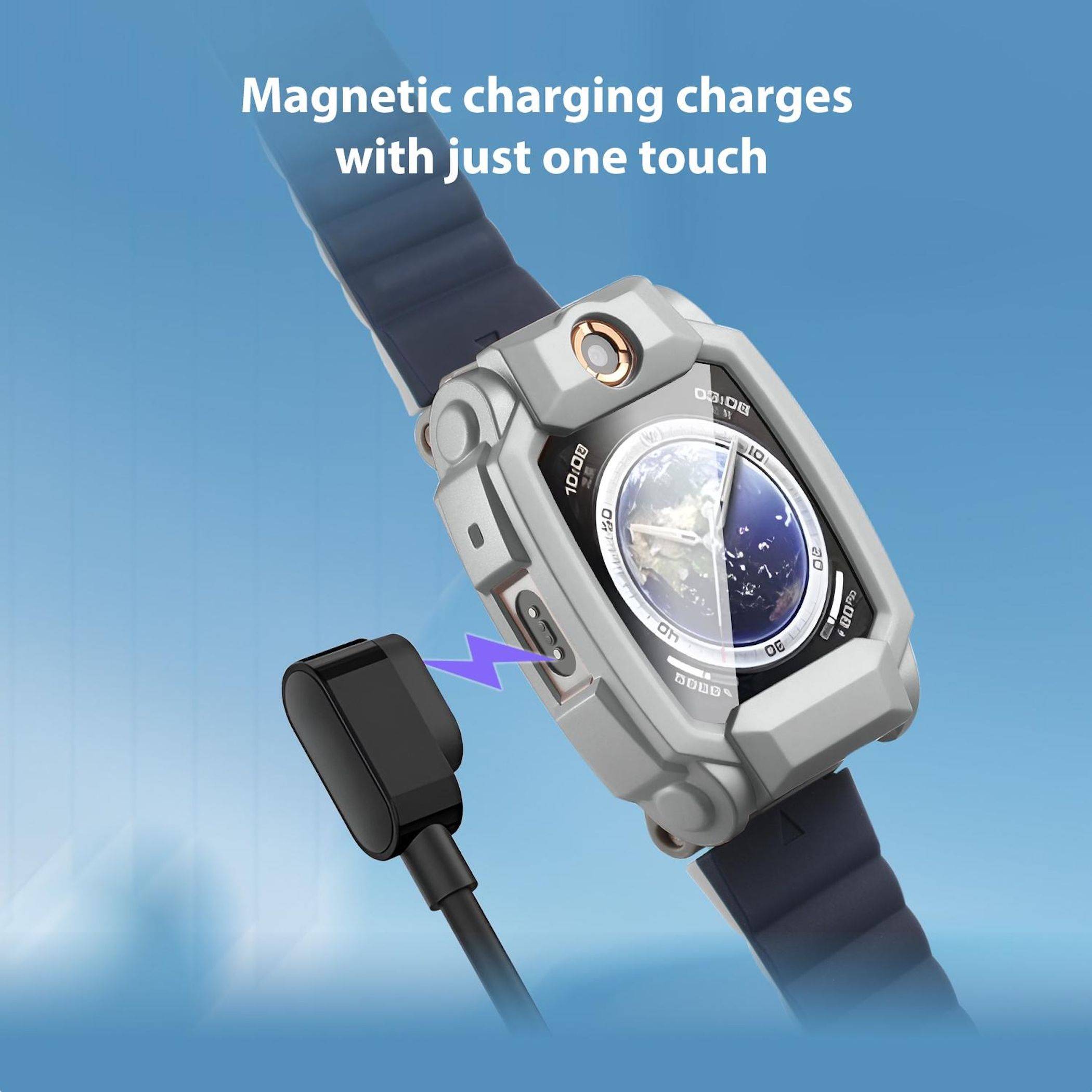 Smartwatch lädt magnetisch mit einem Kabel, befestigt durch eine Eins-Klick-Magnetverbindung auf blauem Hintergrund mit dem Text „Magnetisches Laden lädt mit nur einer Berührung".