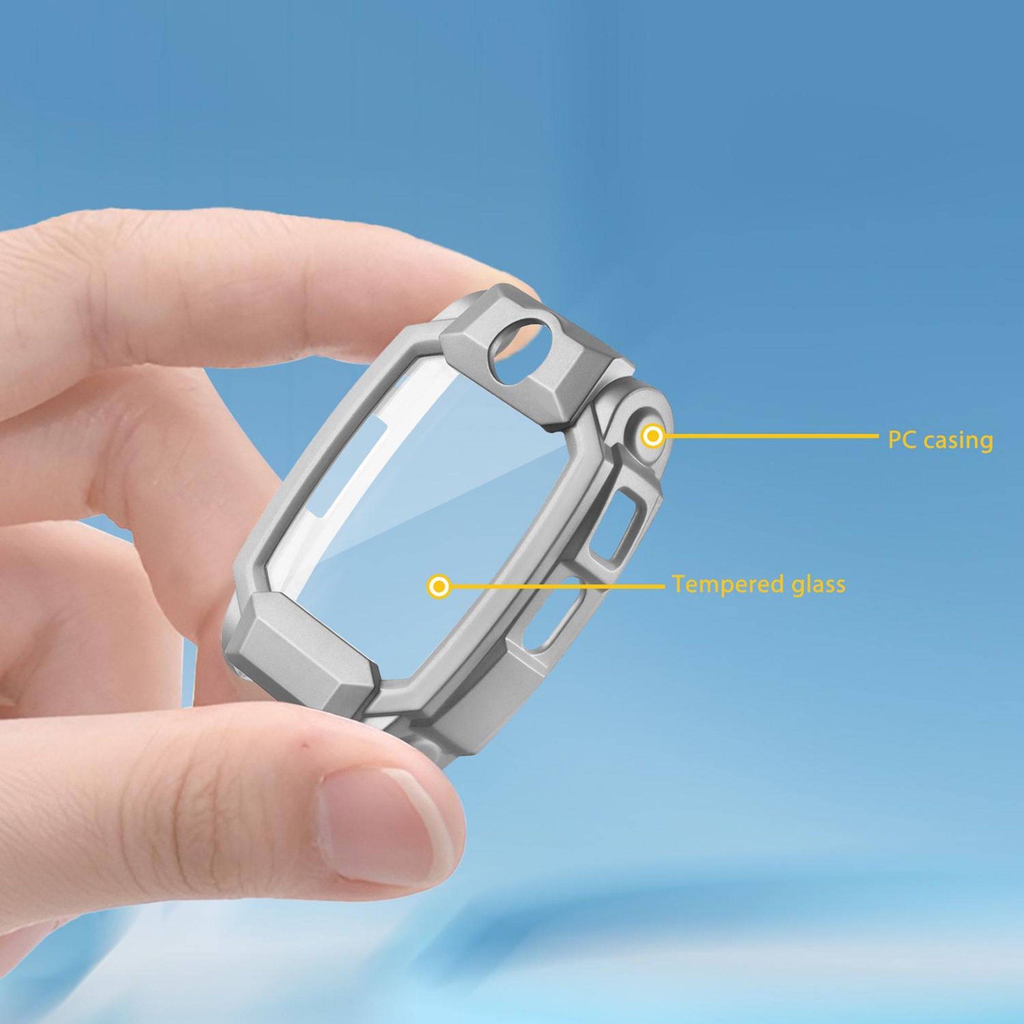 Hand, die ein kleines Schutzgehäuse für eine Uhr hält, mit Beschriftungen, die auf "PC-Gehäuse"" und ""gehärtetes Glas"" gegen einen blauen Hintergrund zeigen.