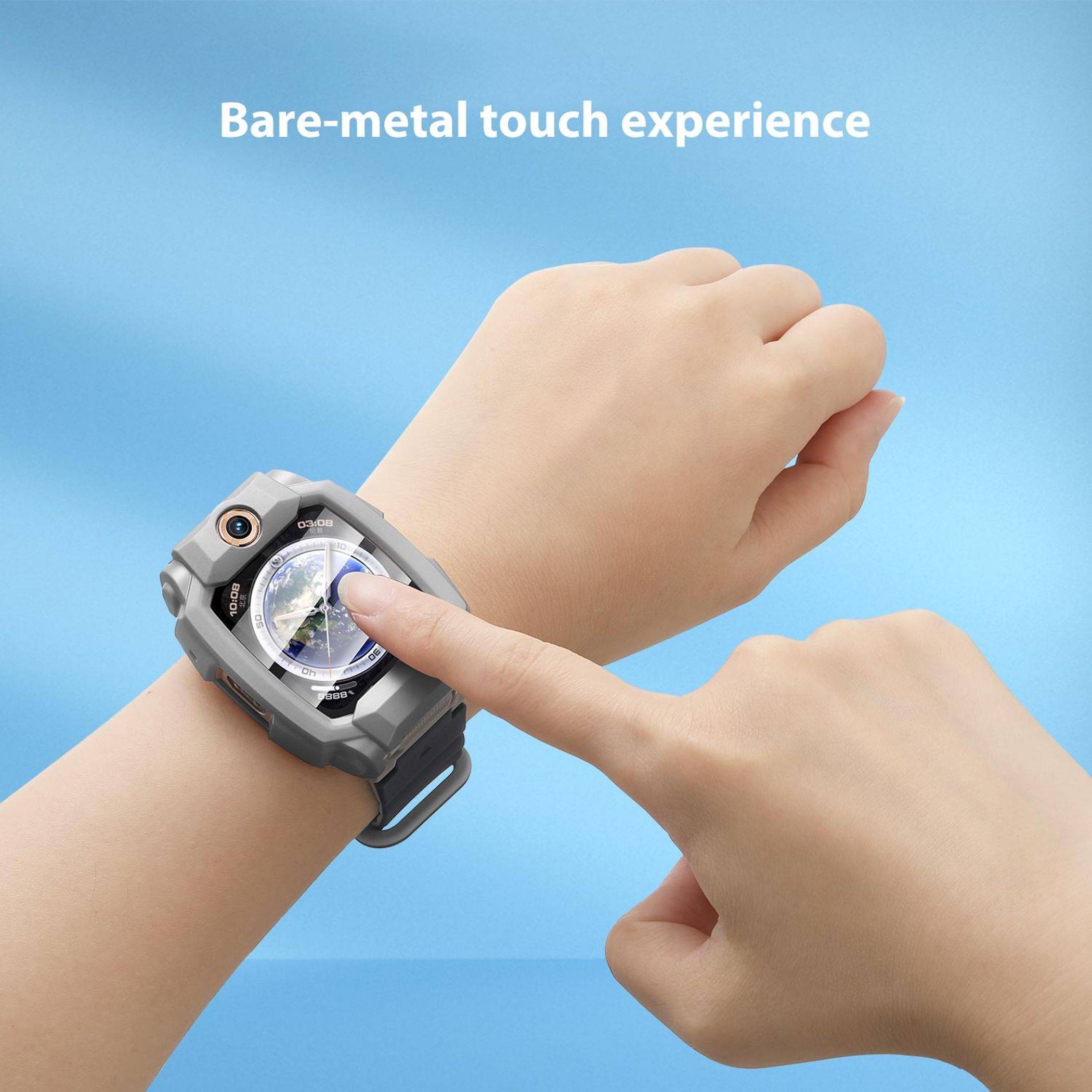 Eine Hand tippt auf eine robuste Smartwatch mit dem Text "Bare-metal Toucherlebnis"" auf blauem Hintergrund und zeigt die Touchsteuerung auf dem Uhrengesicht.