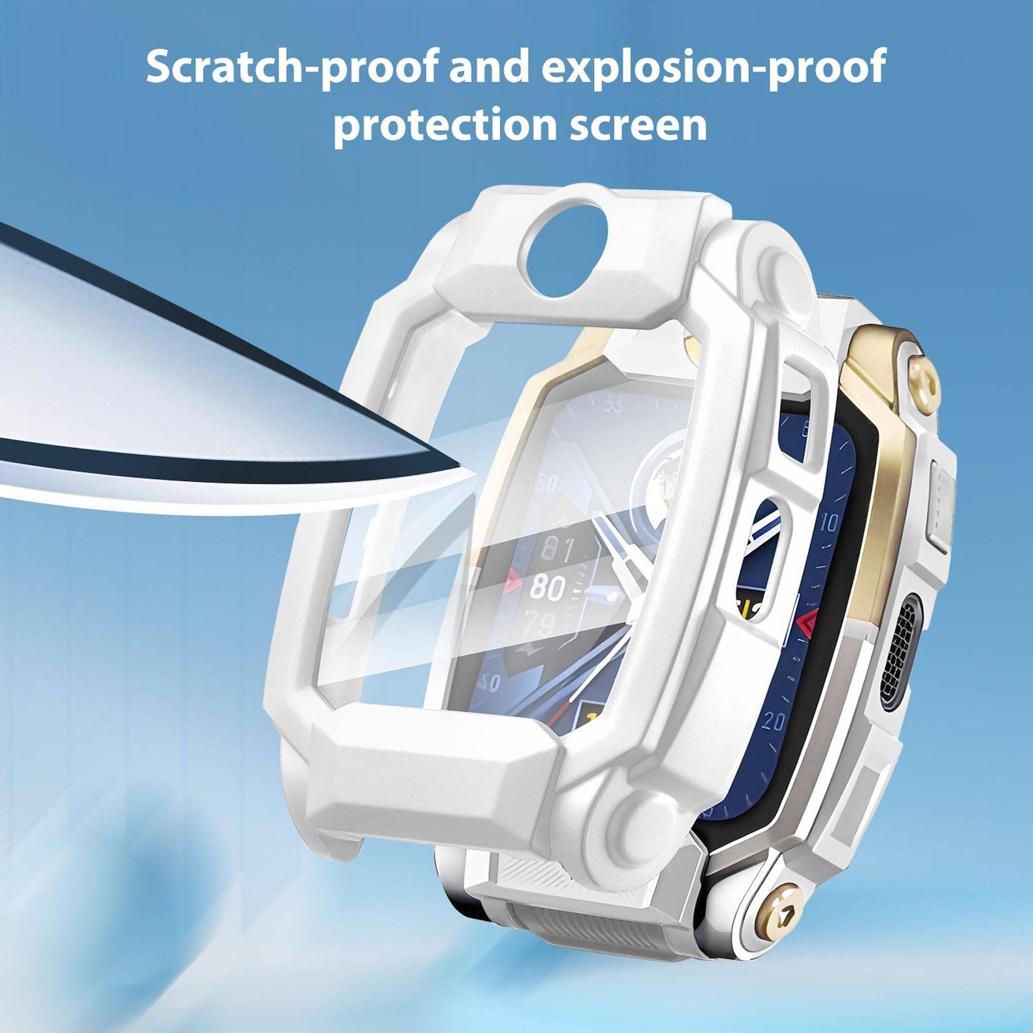 Werbebild einer robusten Smartwatch in einem weißen Schutzgehäuse mit einer transparenten Displayschutzfolie, gekennzeichnet mit „Kratzfest und explosionssicherer Displayschutz".