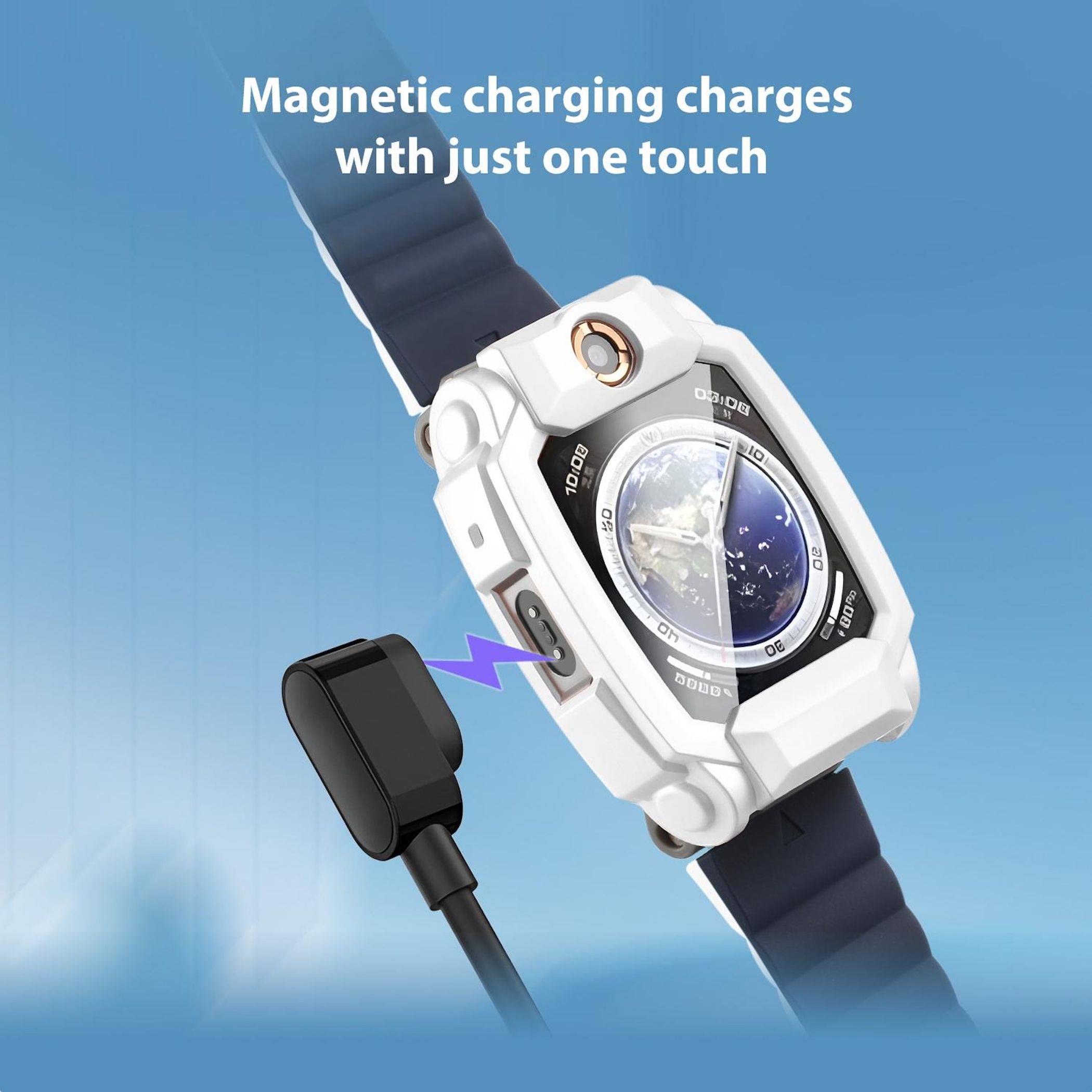 Weiße Smartwatch mit dunklem Armband, die magnetisch von einem Kabel geladen wird; der Text lautet „Magnetisches Laden lädt mit nur einer Berührung".