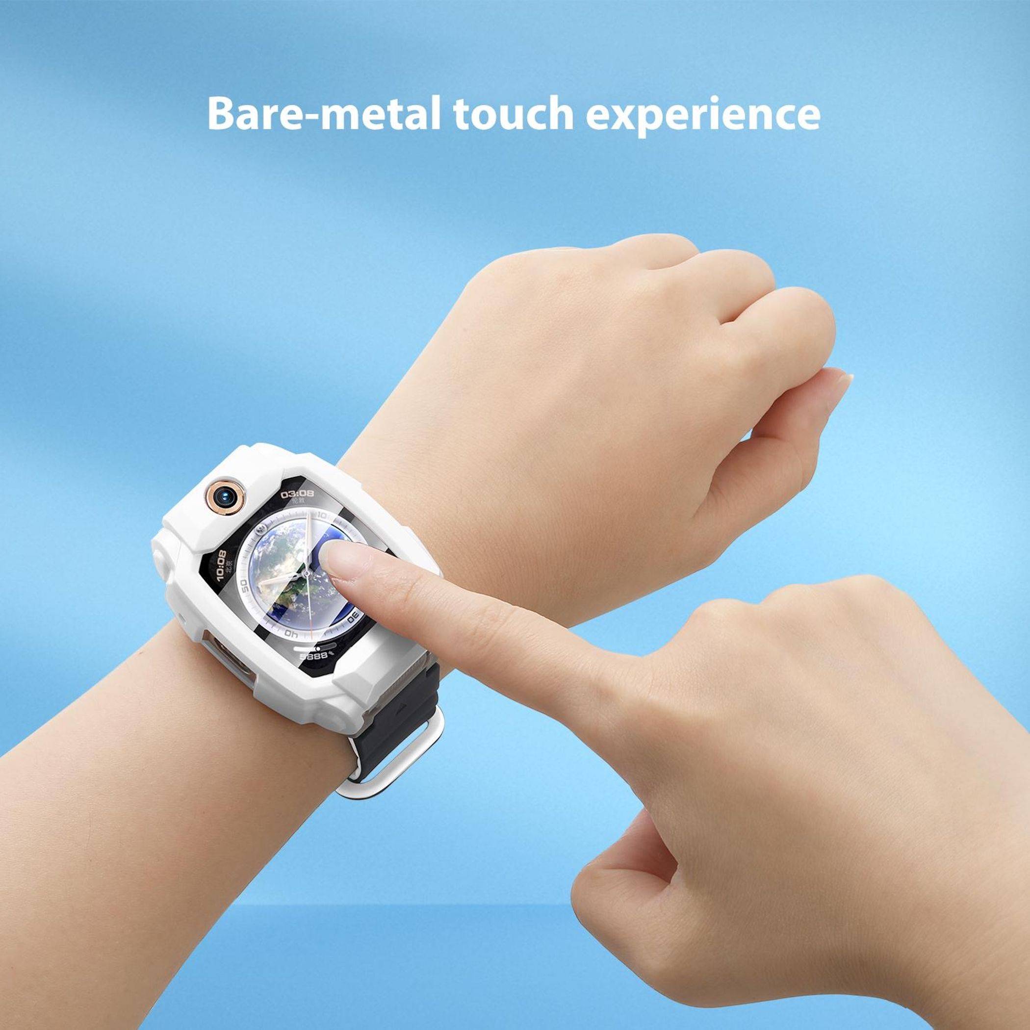 Person mit einer robusten weißen Smartwatch, die mit einem Finger den Bildschirm berührt, auf blauem Hintergrund; Text lautet „Bare-Metal-Toucherlebnis".
