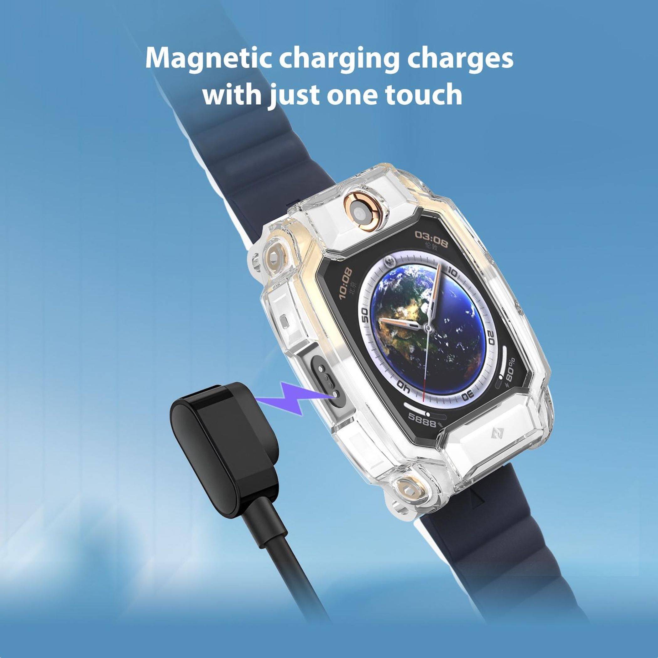 Transparente robuste Smartwatch mit magnetischem Ladekabel, mit Text "Magnetisches Laden lädt mit nur einer Berührung"" auf blauem Hintergrund.