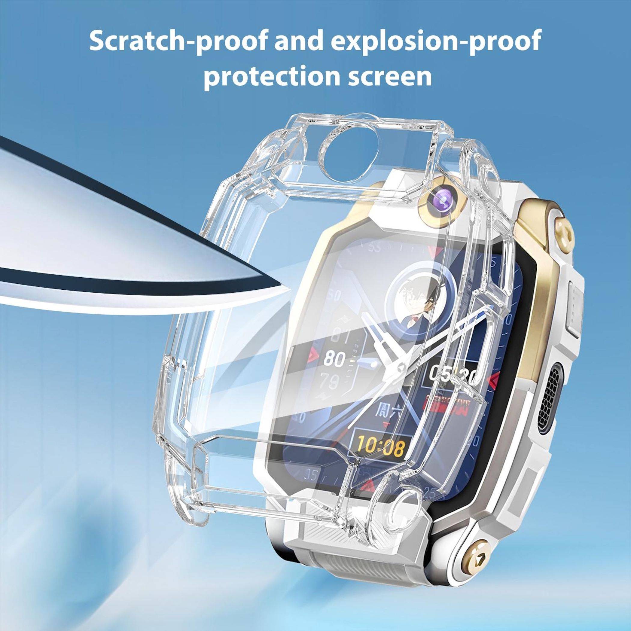 Smartwatch mit einer klaren Schutzfolie; Text lautet „Kratzer- und explosionssicherer Schutzbildschirm".