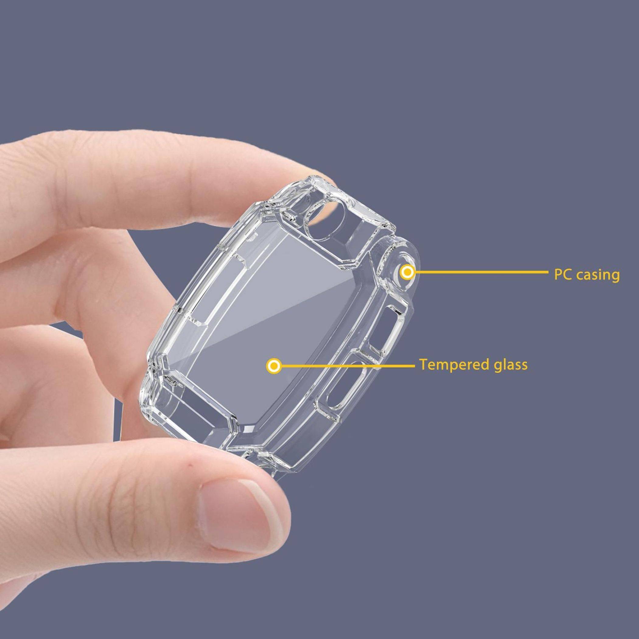 Hand hält ein durchsichtiges Schutzgehäuse für die Uhr, mit Beschriftungen, die auf „PC-Gehäuse" und „Gehärtetes Glas"" hinweisen.