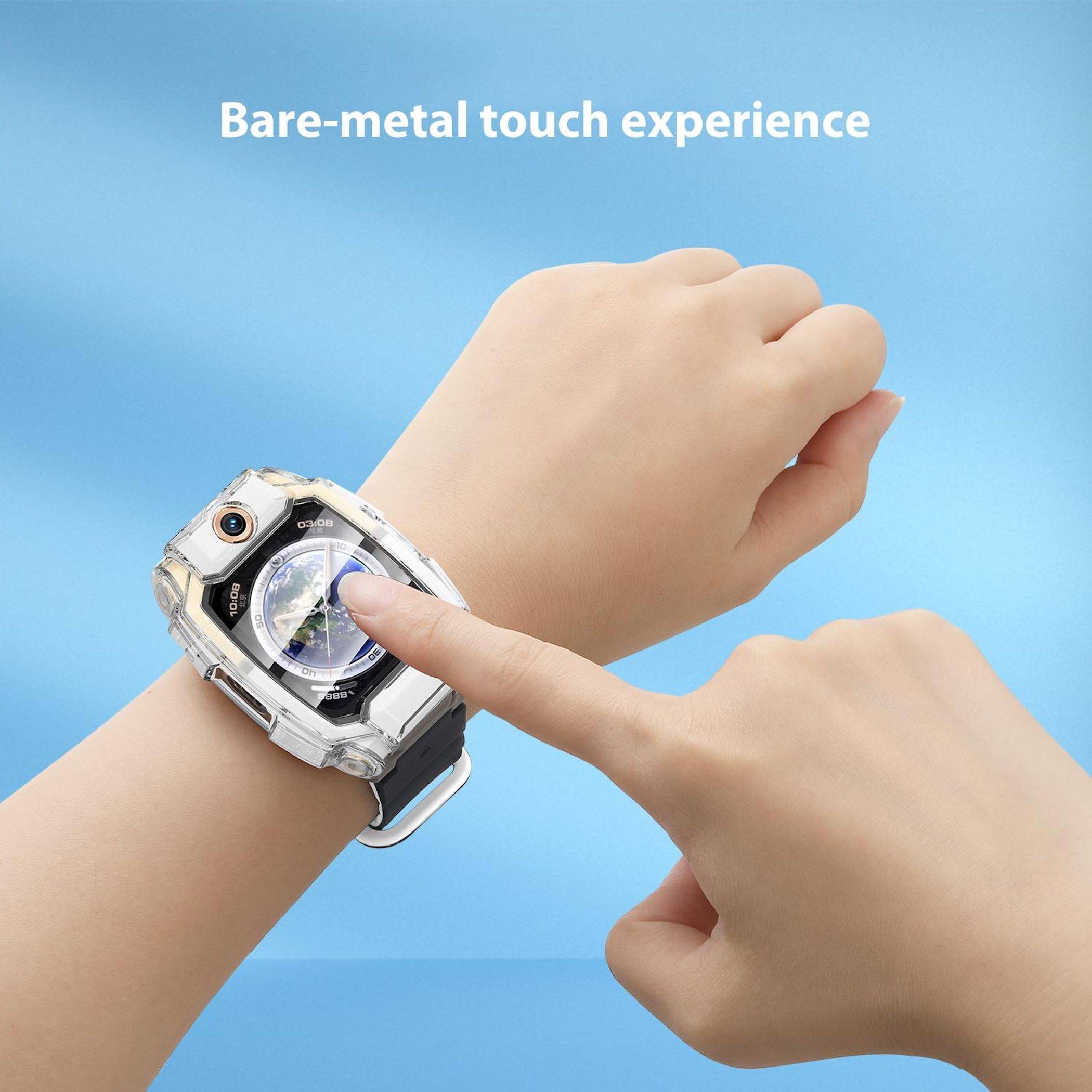 Nahaufnahme einer Person, die auf eine robuste durchsichtige Smartwatch am Handgelenk tippt, mit dem Text „Bare-metal touch experience" oben auf blauem Hintergrund.