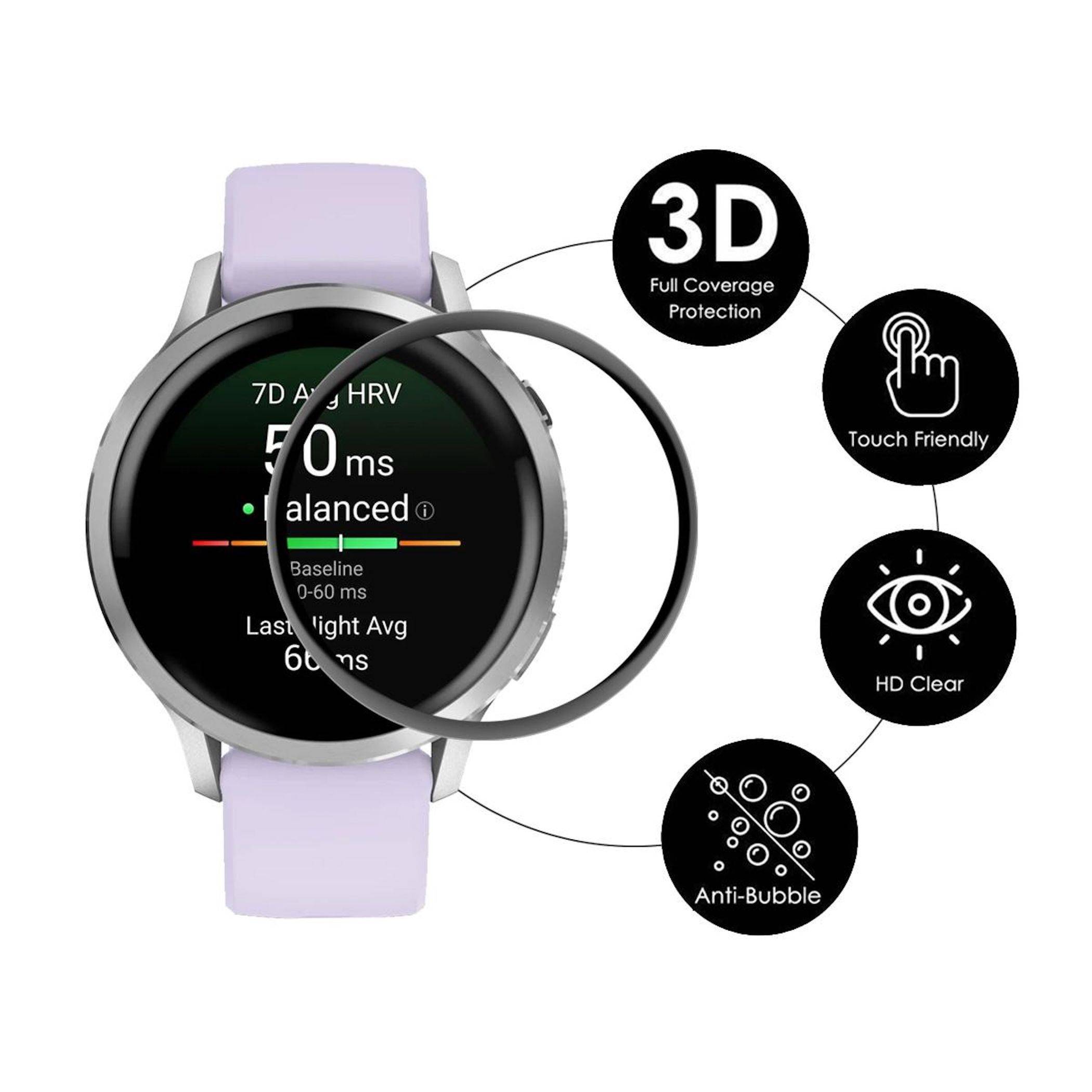 Smartwatch mit einer Displayschutzfolie-Überlagerung, dargestellt mit Funktionshinweisen: "3D vollständiger Schutz"", ""Berührungsfreundlich"", ""HD Klar"" und ""Blasenfrei"".