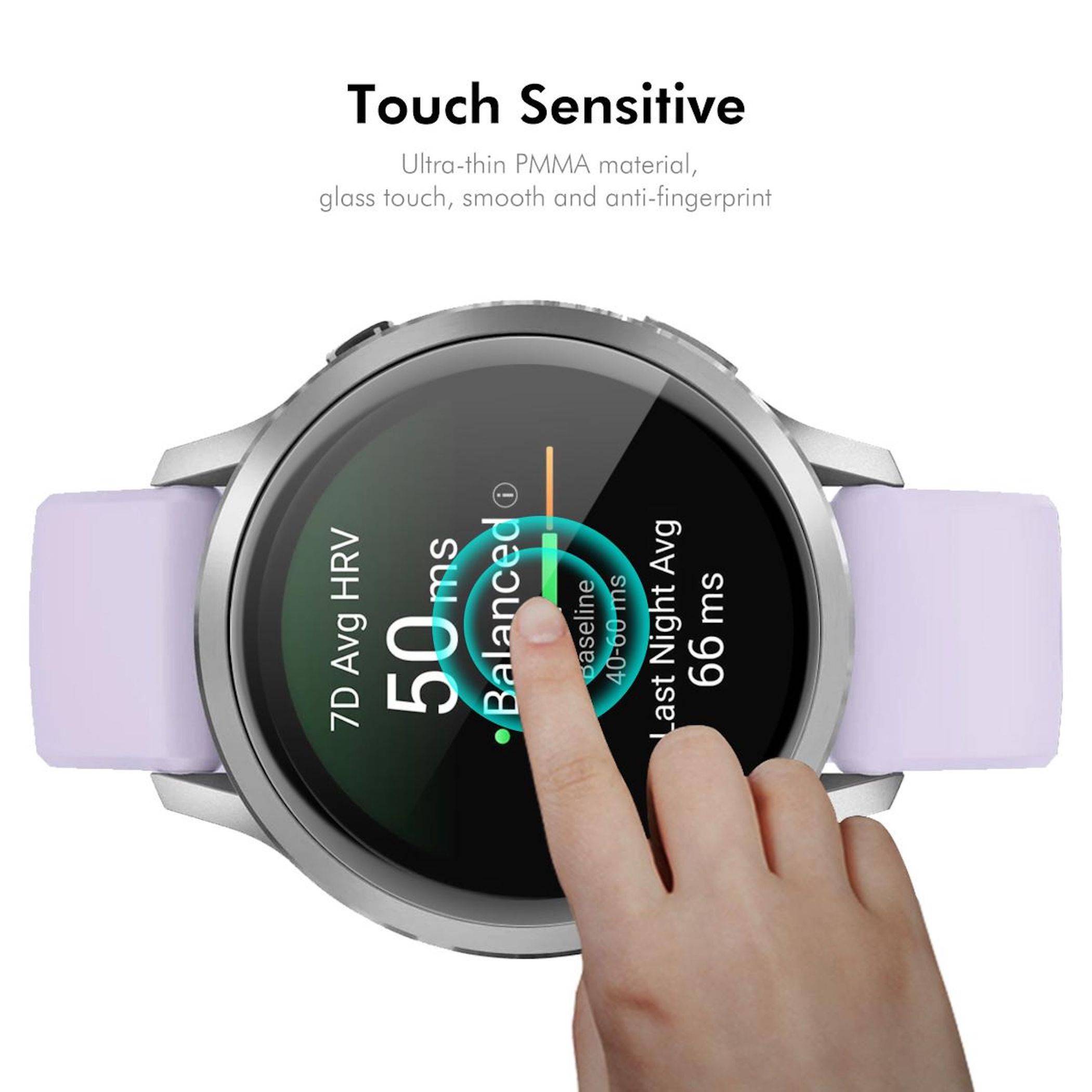 Smartwatch mit berührungsempfindlichem Bildschirm; ein Finger tippt auf eine Gesundheitsstatistik-Anzeige auf dem Zifferblatt der Uhr.