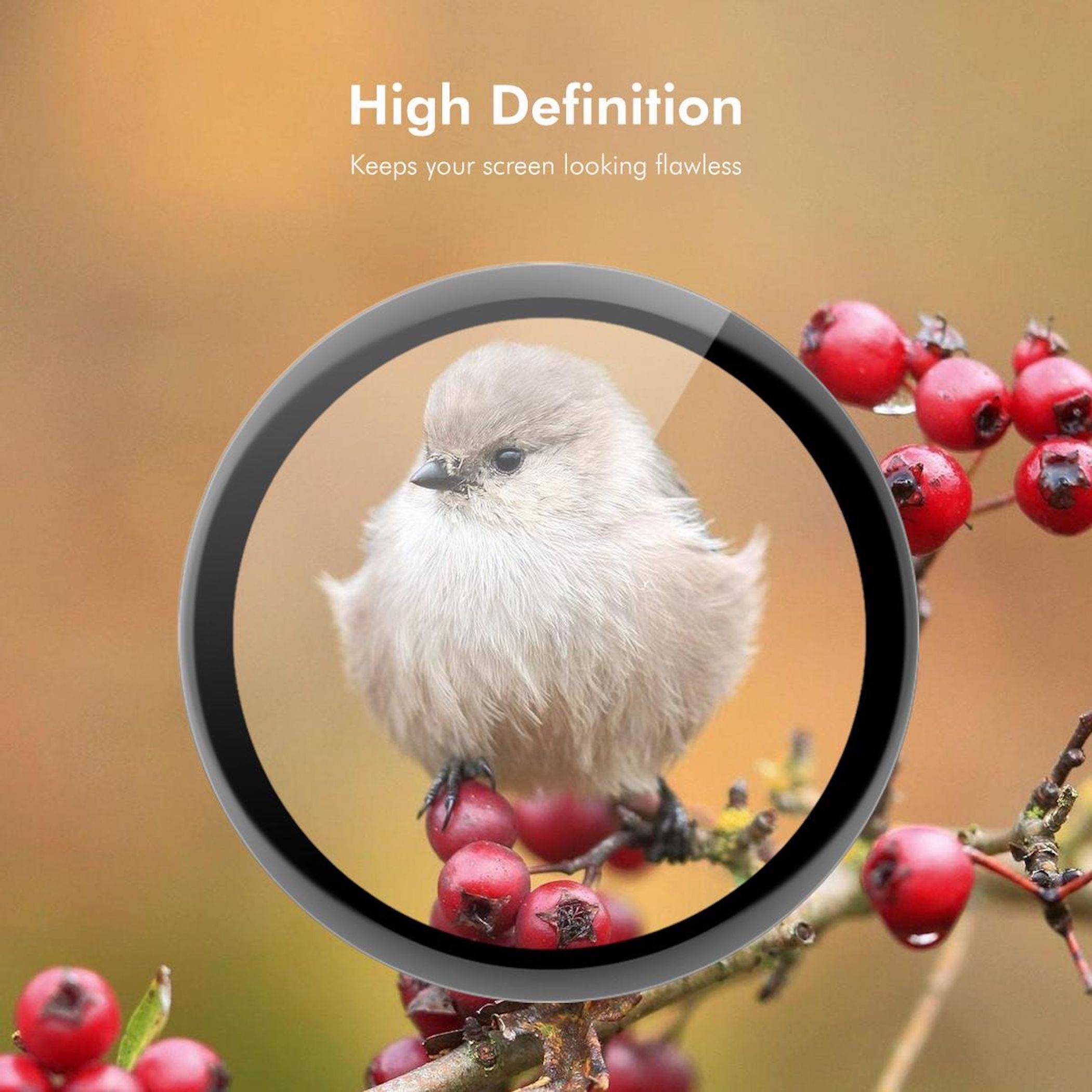 Vogelfoto durch eine runde Lupe gezeigt, mit dem Text „High Definition" und „Hält Ihren Bildschirm makellos"" darüber.