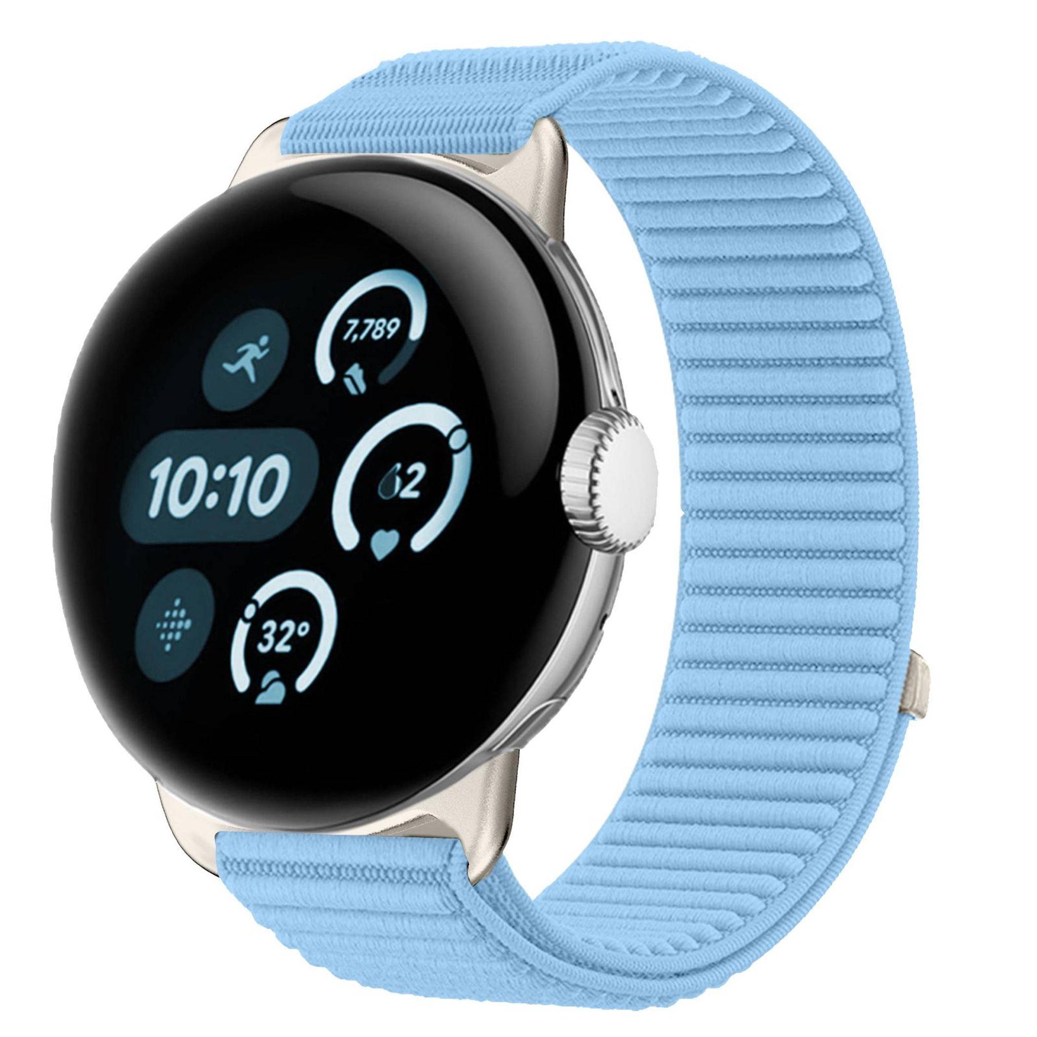 Runde Smartwatch mit schwarzem digitalem Display, das Fitness- und Herzfrequenz-Widgets anzeigt, Gehäuse aus Silber und Armband aus hellblauem Stoff.