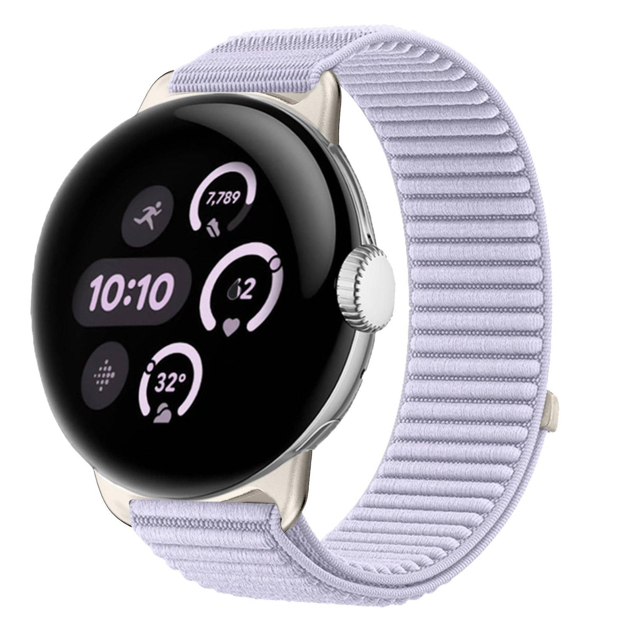 Lavender-gestreifter runder Smartwatch mit einer digitalen Zeitanzeige von 10:10 und Fitness-/Gesundheitssymbolen auf einem schwarzen Display.