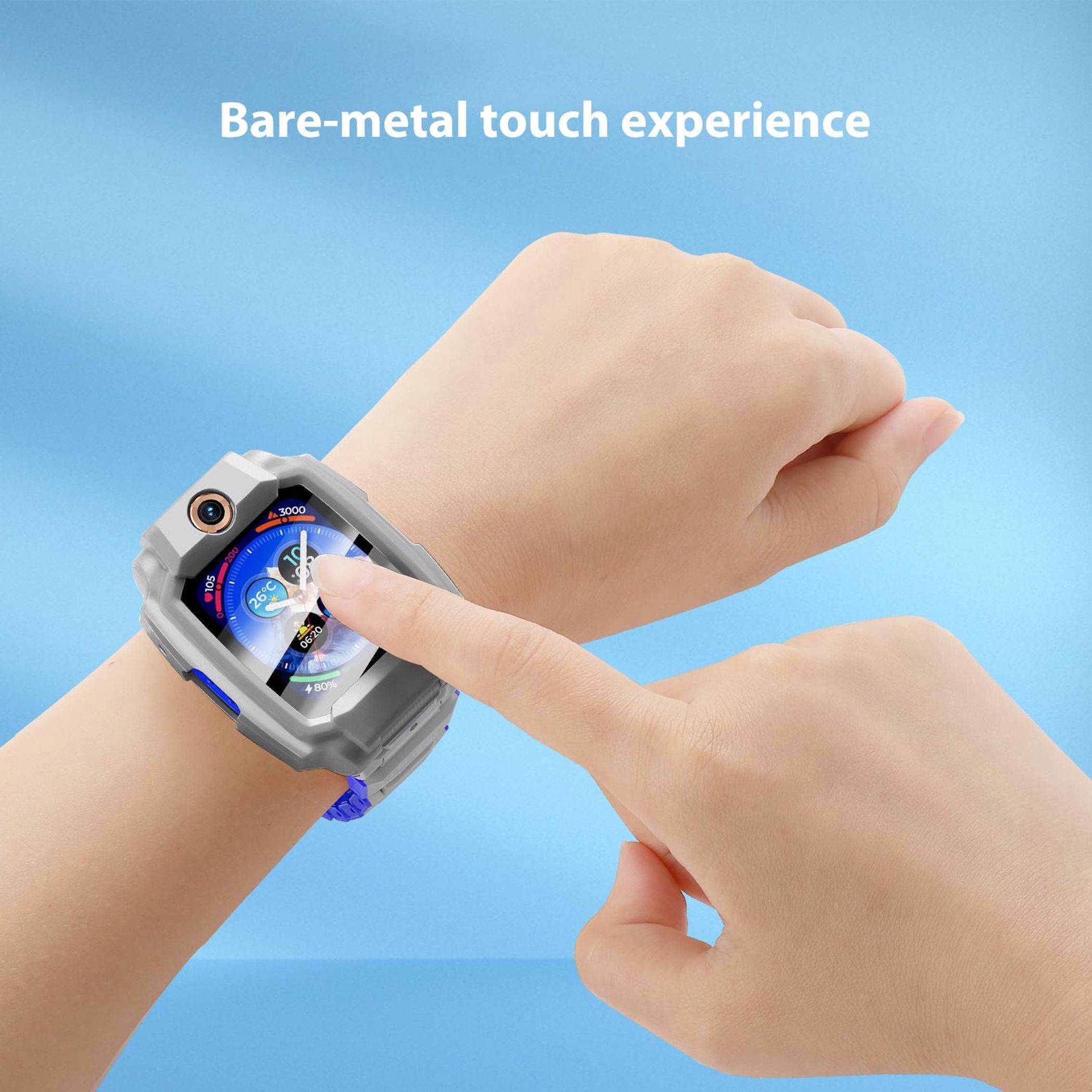 Hände berühren eine robuste Smartwatch am Handgelenk, mit dem Text „Bare-metal Touch-Erlebnis" oben auf blauem Hintergrund.