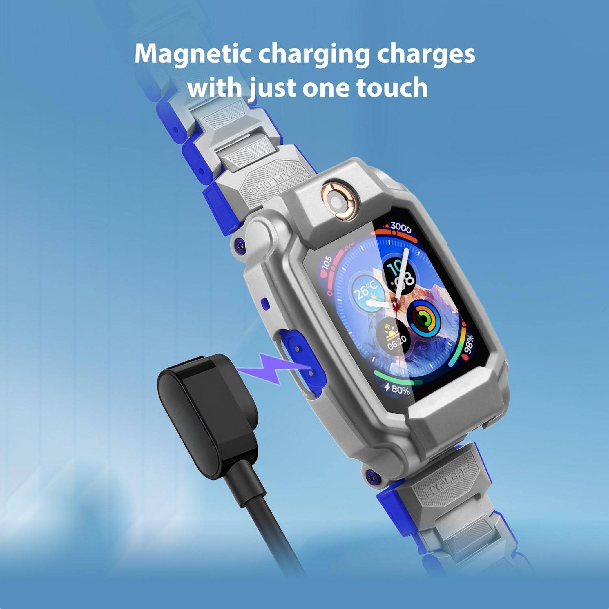 Werbebild einer robusten Smartwatch mit angeschlossenem Magnetladekabel und Text „Magnetisches Laden lädt mit nur einer Berührung".