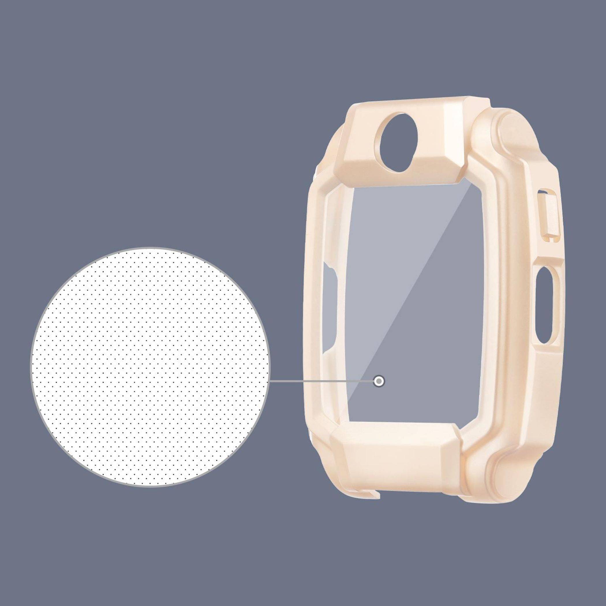 Beige-farbige Schutzgehäuse für Smartwatch mit transparenter Displayabdeckung, dargestellt neben einer vergrößerten Ansicht der strukturierten inneren Oberfläche.
