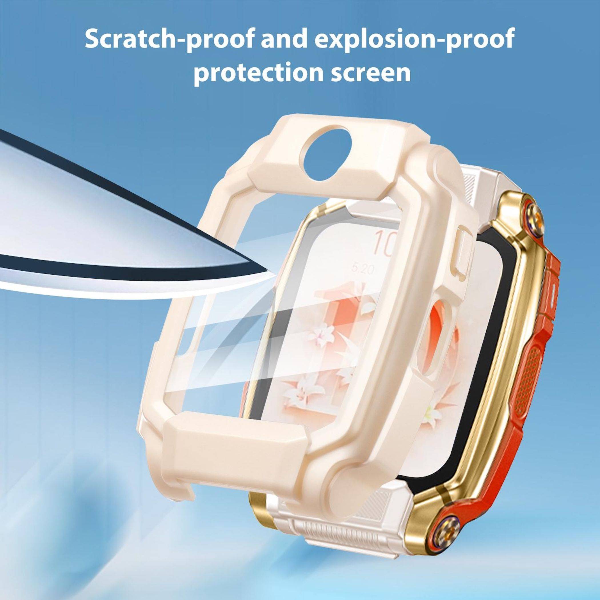 Werbebild einer Smartwatch mit schützendem Displaygehäuse und gebogenem Film, beschriftet mit „Kratzfest- und explosionssicherer Displayschutz".