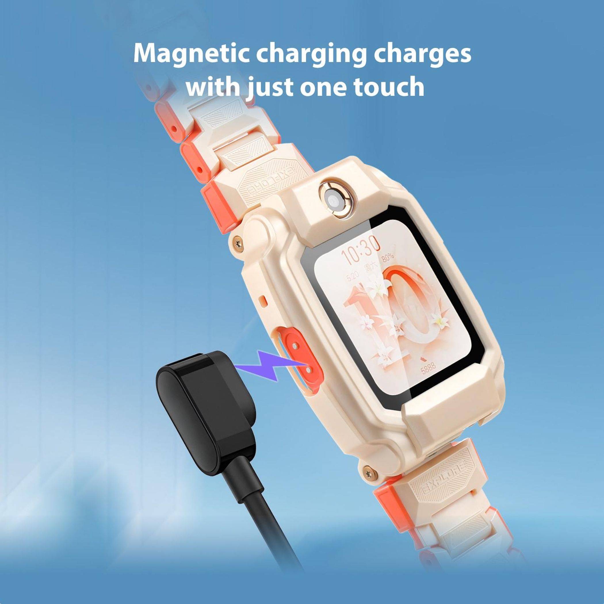Smartwatch mit robustem Gehäuse in Creme und Orange wird an ein magnetisches Ladegerät angebracht; der Text lautet „Magnetisches Laden lädt mit nur einer Berührung".