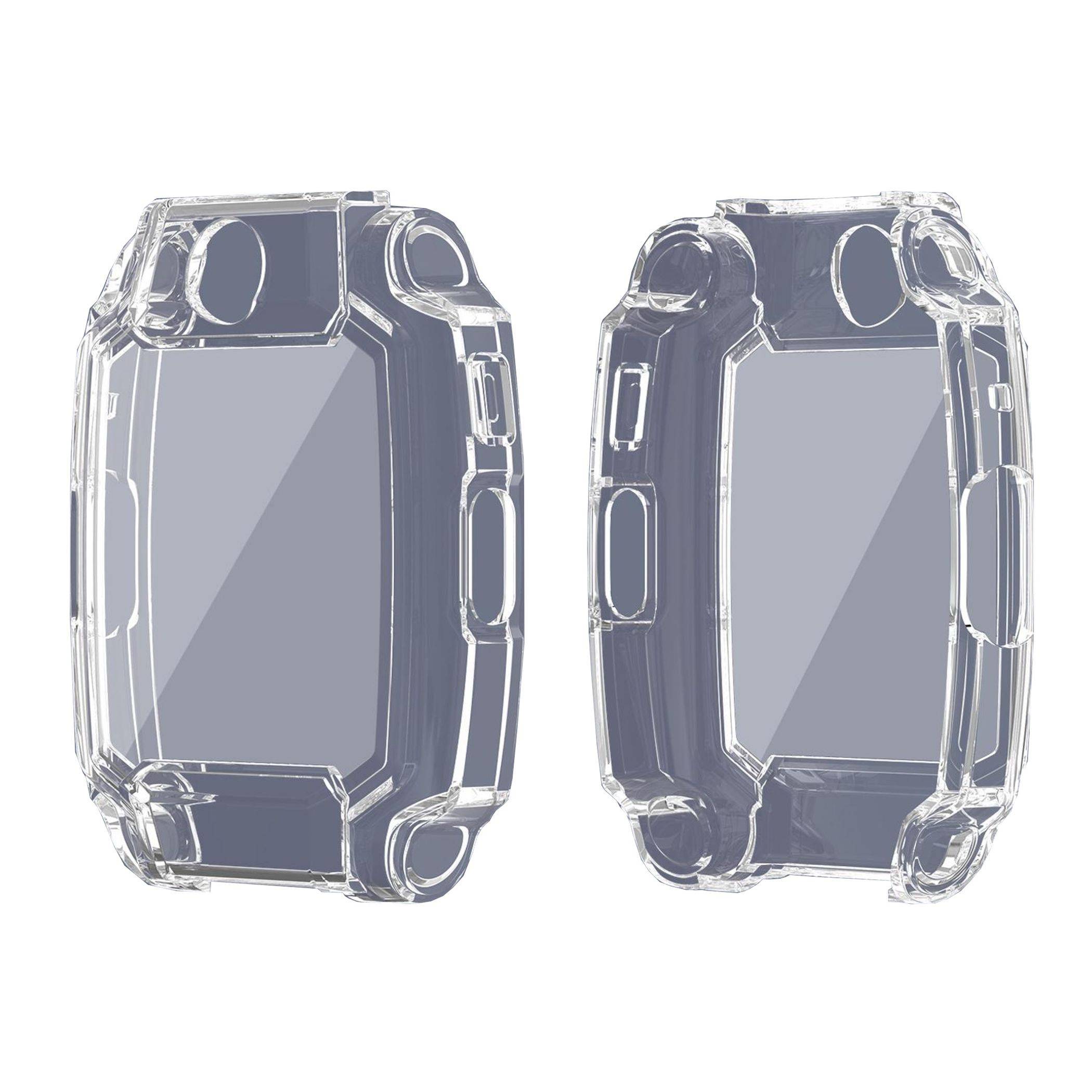 Paar durchsichtige Schutzhüllen für eine Smartwatch, von vorne und hinten auf weißem Hintergrund gezeigt.