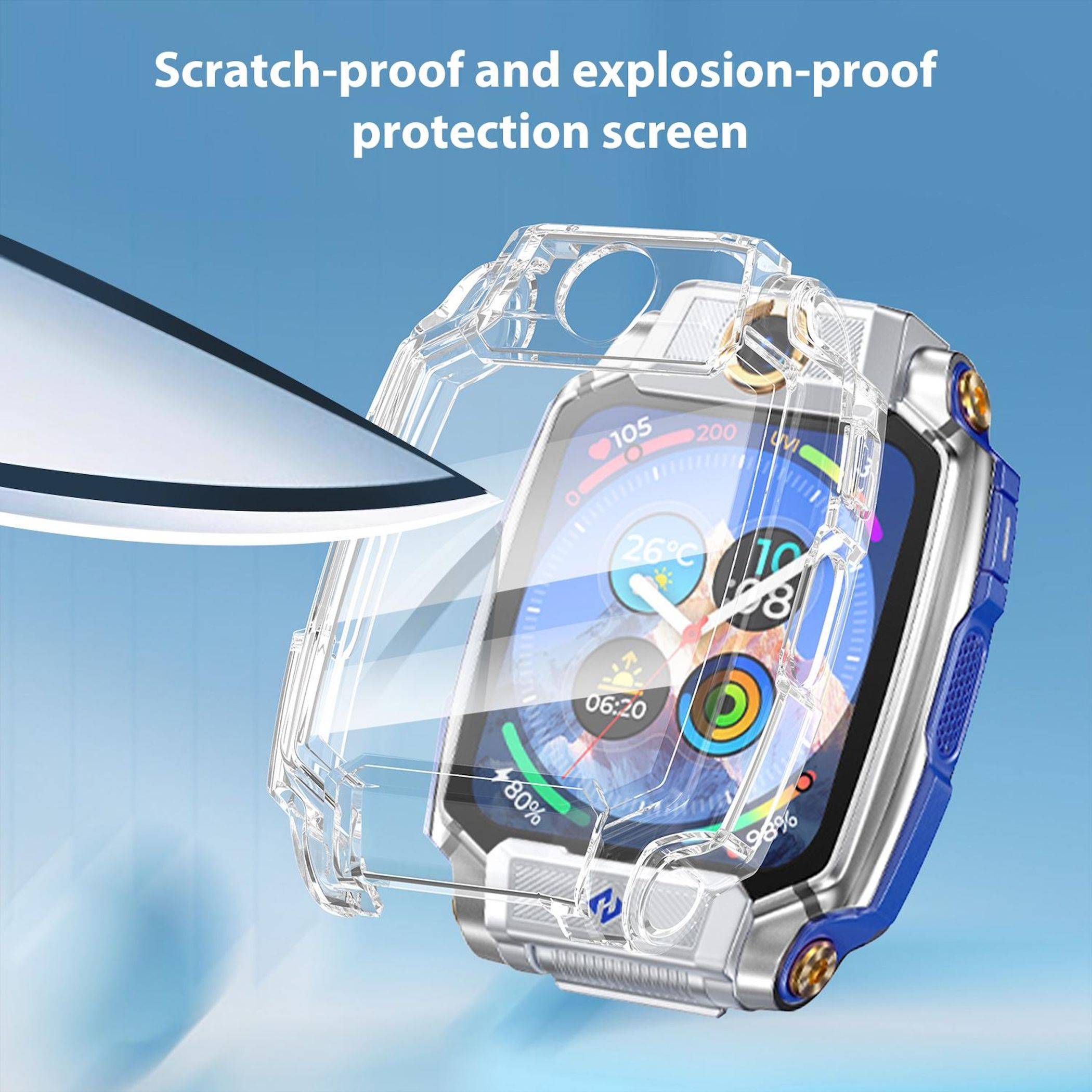 Apple Watch mit einem transparenten Schutzgehäuse und Folie, beschriftet mit „Kratzfest und explosionssicher Displayschutz" vor blauem Hintergrund.