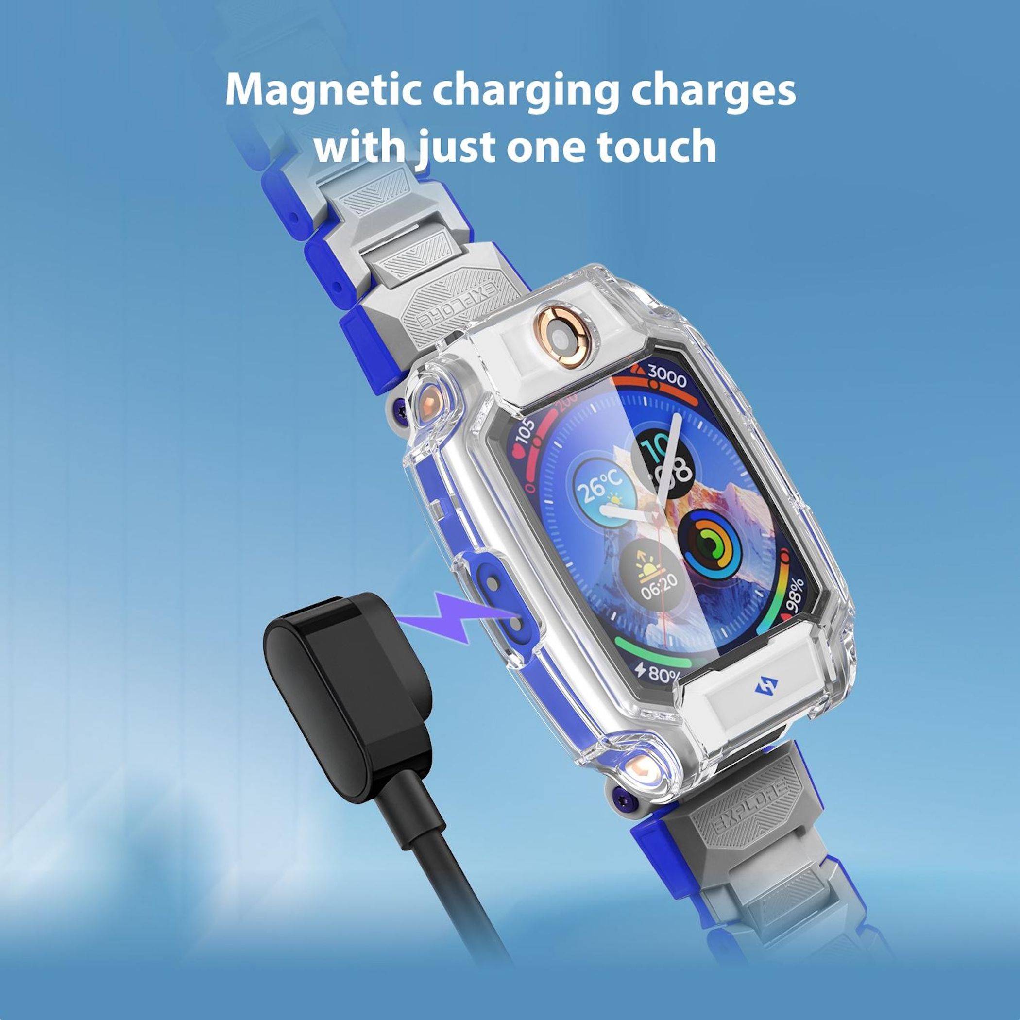 Werbebild einer robusten Smartwatch mit transparentem Gehäuse, das mit einem Magnetladegerät verbunden ist; der Text lautet „Magnetisches Laden lädt mit nur einer Berührung".