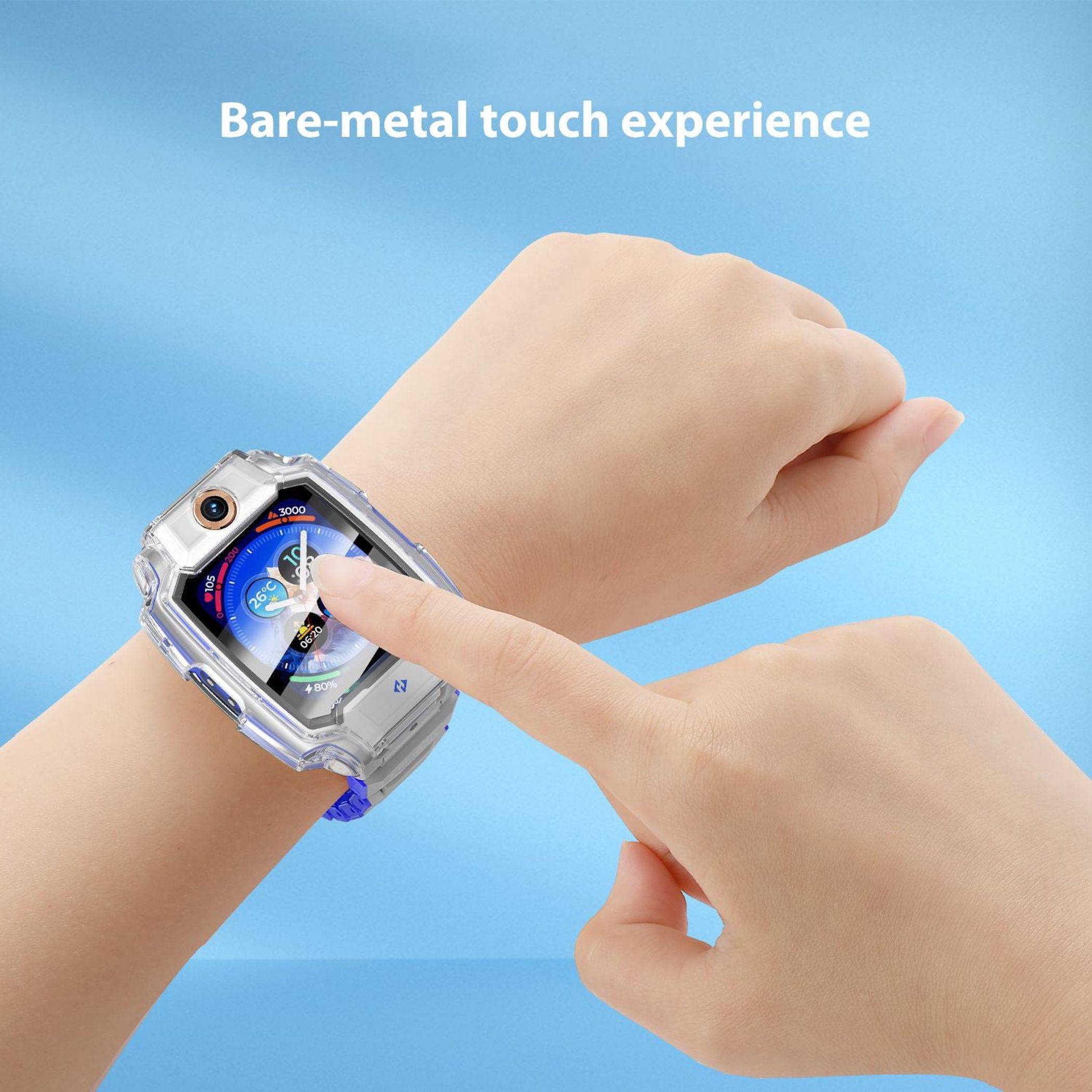 Eine Hand tippt auf eine transparente Smartwatch am Handgelenk vor blauem Hintergrund, mit dem Text „Bare-metal Touch-Erlebnis" oben.