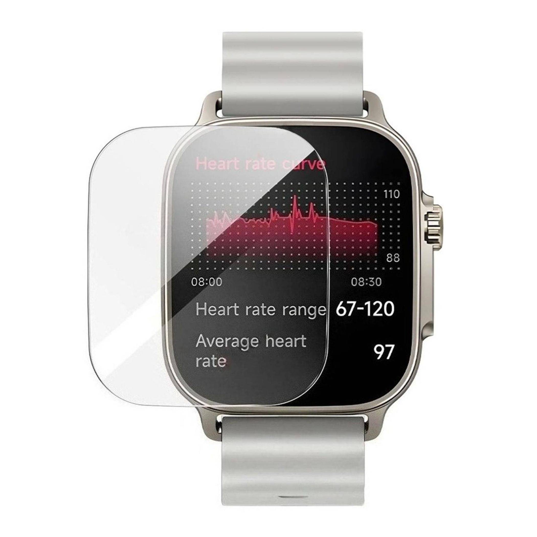 Smartwatch mit Displayschutz, das Herzfrequenzdaten anzeigt, einschließlich einer Herzfrequenzkurve, Bereich 67-120 und durchschnittliche Herzfrequenz 97.