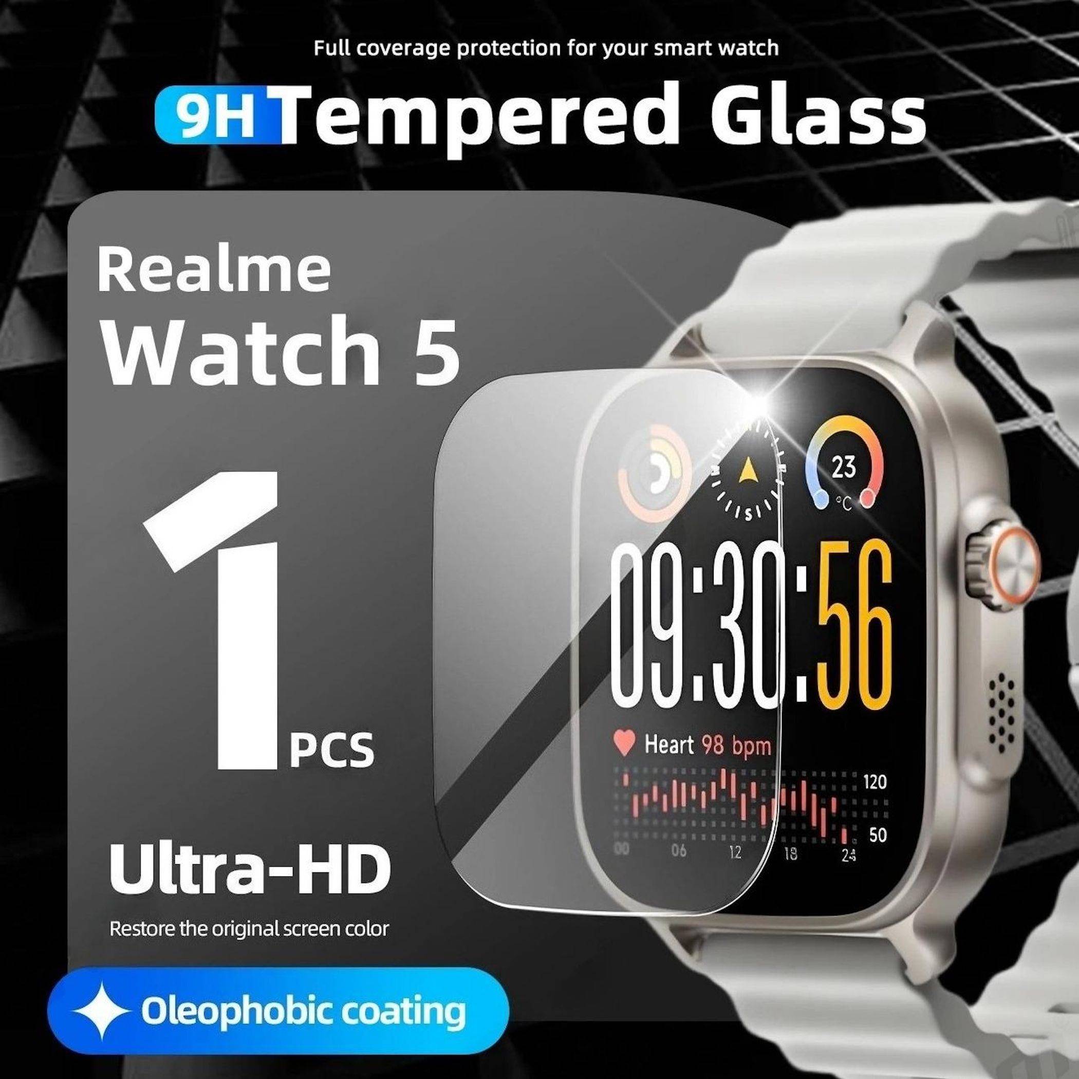 Anzeige für 9H gehärtete Glasschutzfolie für Realme Watch 5, die ein Ultra-HD-Stück mit oleophober Beschichtung zeigt.